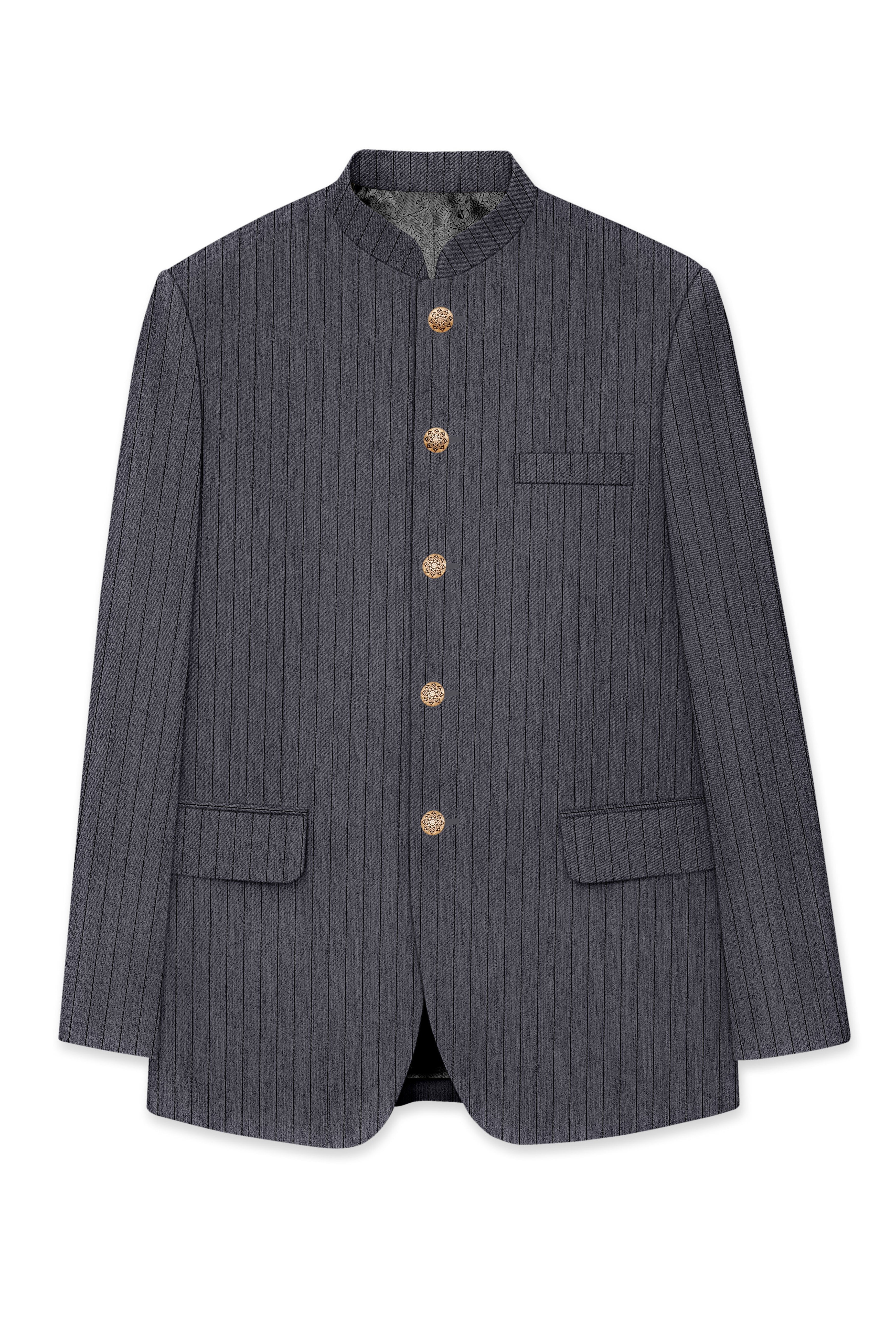 Noctaro-Vampire Gray Pin Striped Wool Rich Slight Stretch Bandhgala Blazer