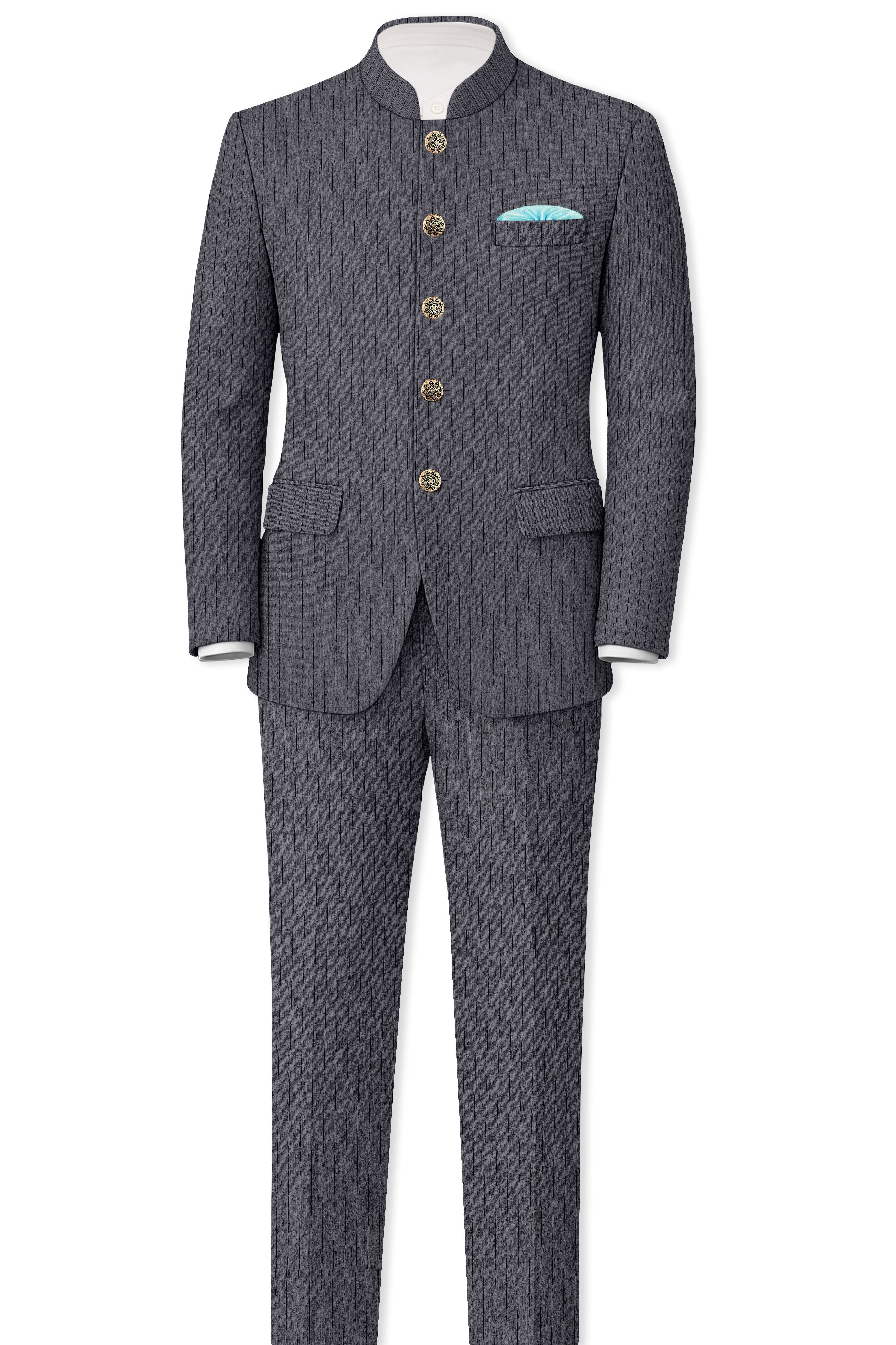 Noctaro-Vampire Gray Pin Striped Wool Rich Slight Stretch Bandhgala Blazer