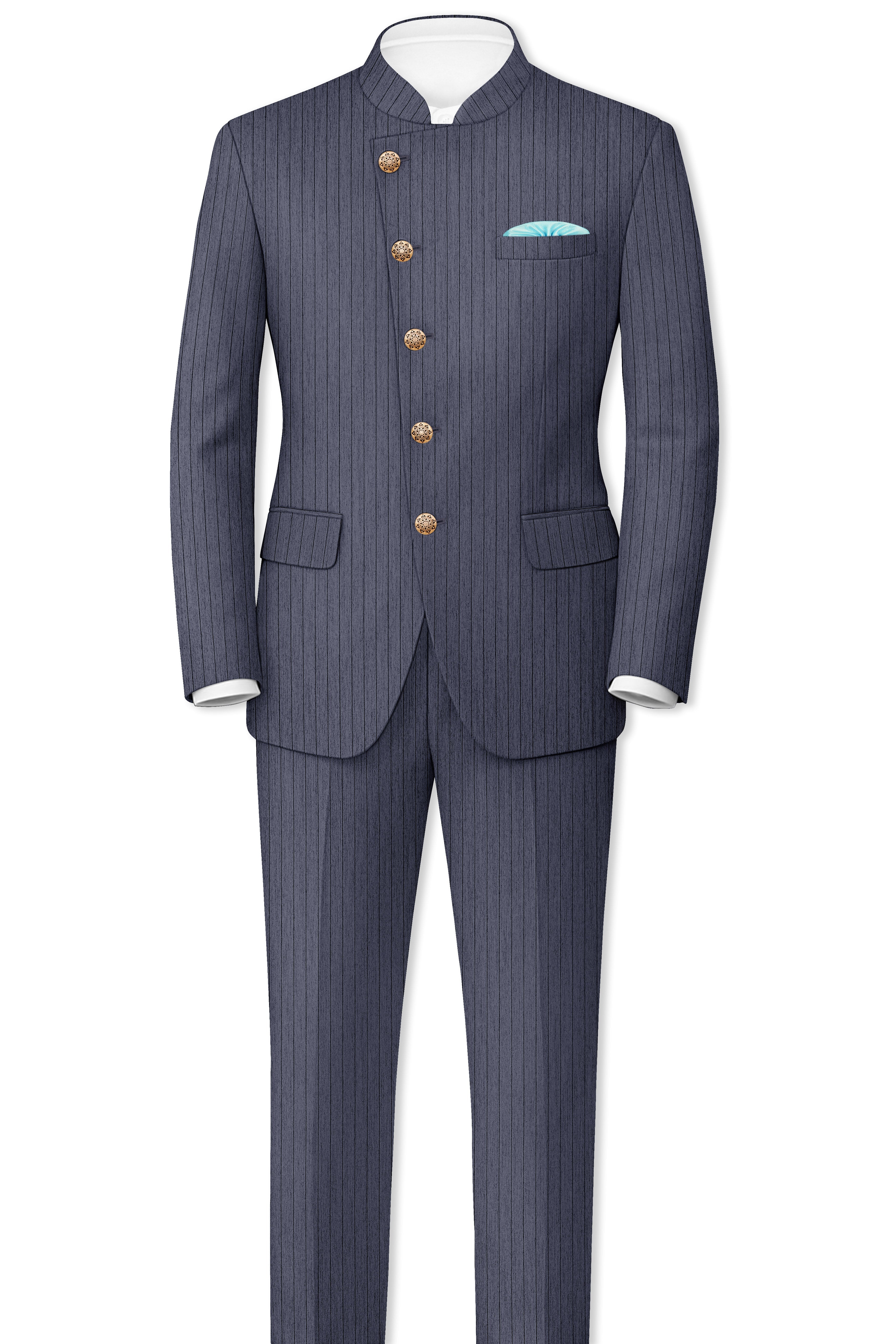 Azurion-Ninja Blue Pin Striped Wool Rich Cross Placket Bandhgala Slight Stretch Blazer