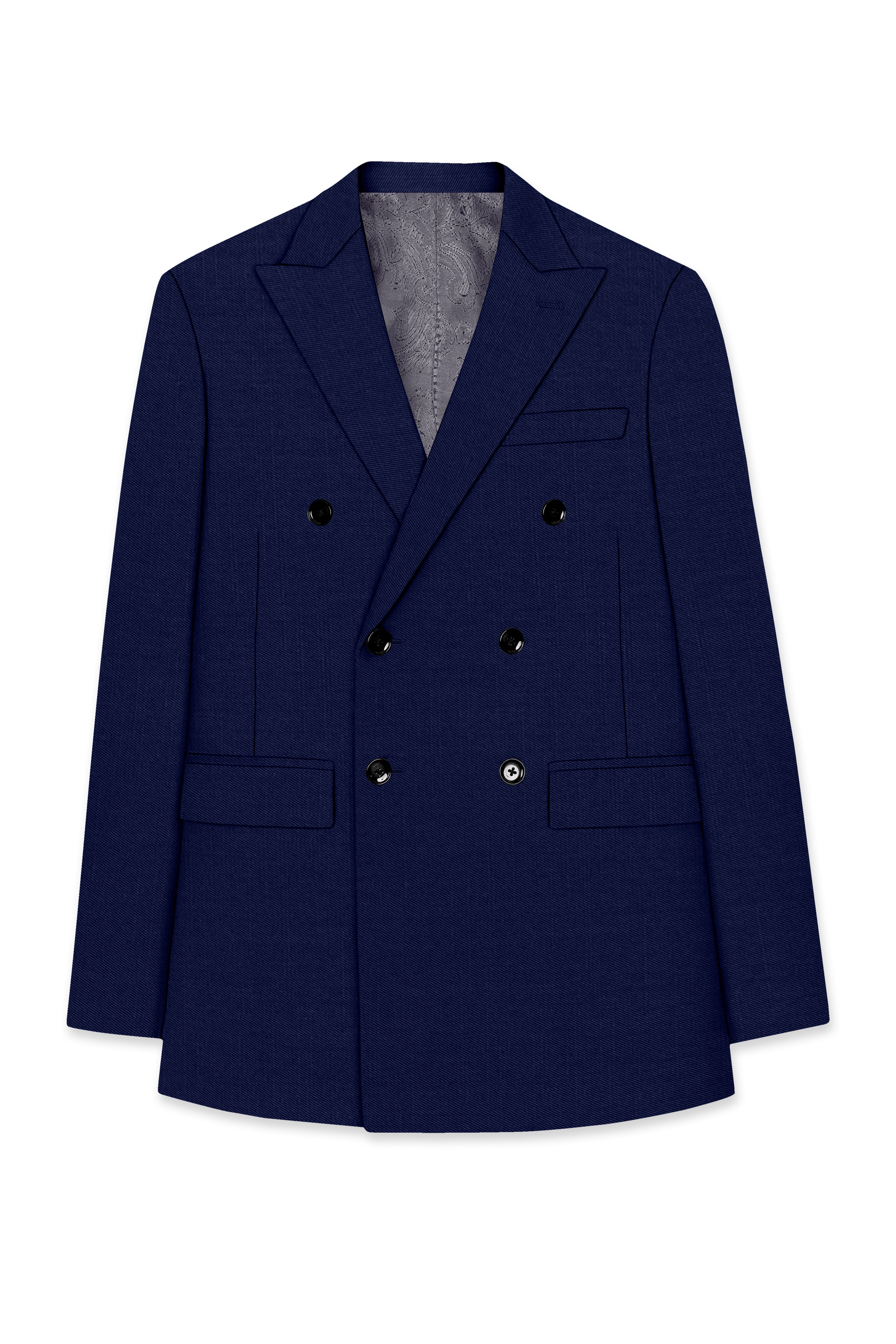 Obsidio-Ebony Navy Blue Wool Rich Slight Stretch Double Breasted Blazer