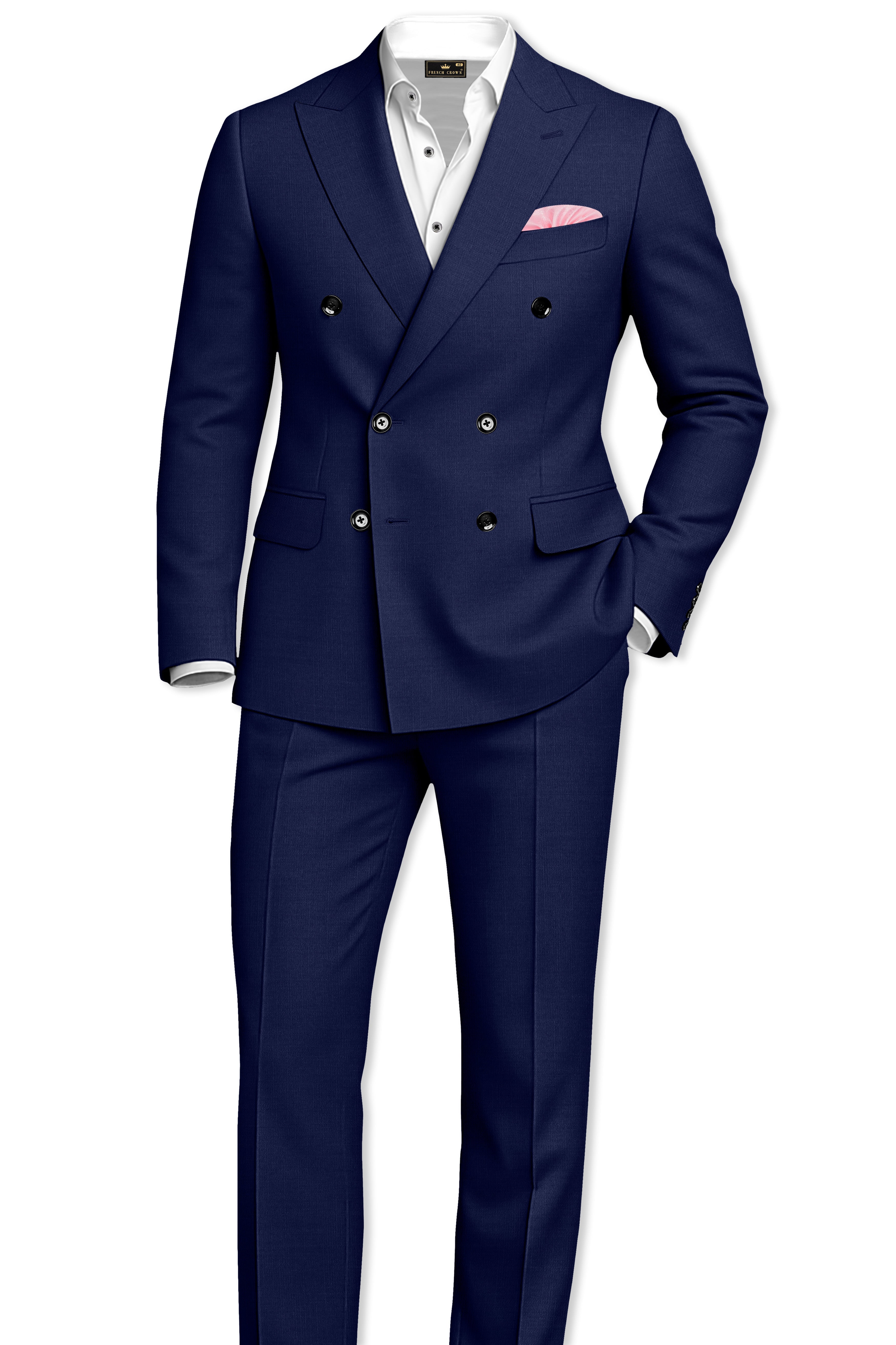 Obsidio-Ebony Navy Blue Wool Rich Slight Stretch Double Breasted Blazer