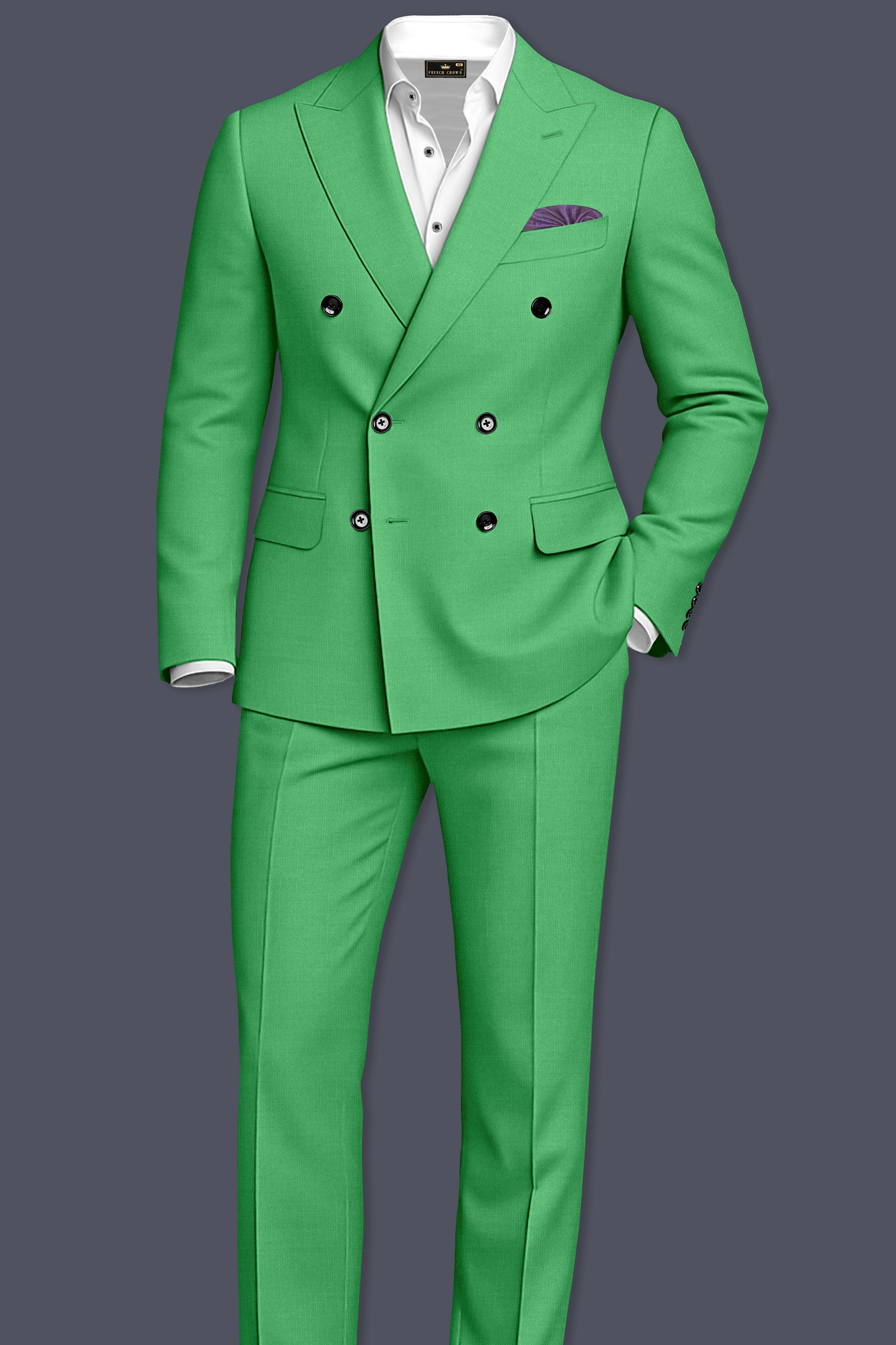 Baron-Chateau Green Wool Rich Slight Stretch Double Breasted Blazer
