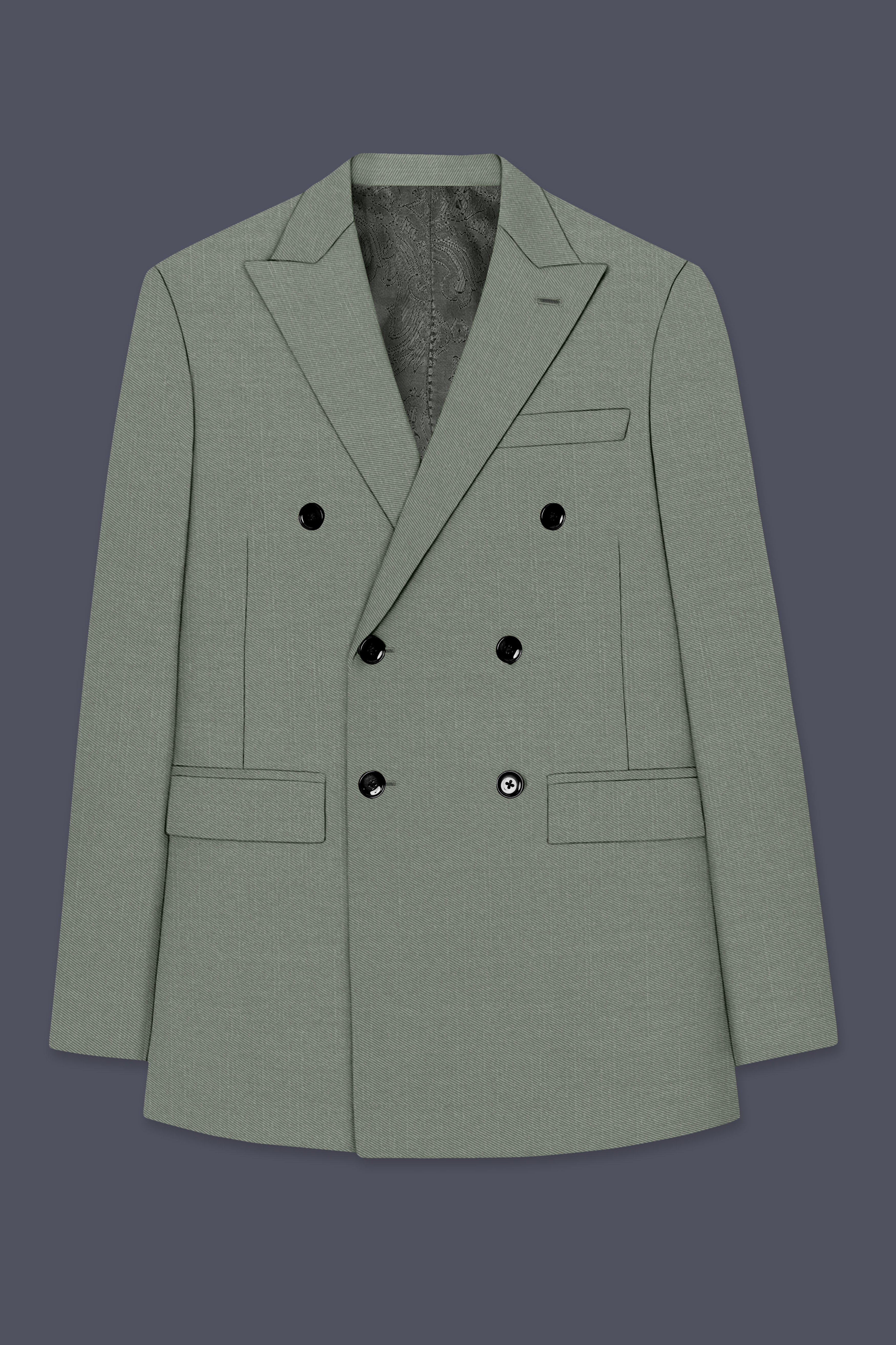 Sage-Smokey Green Wool Rich Slight Stretch Double Breasted Blazer
