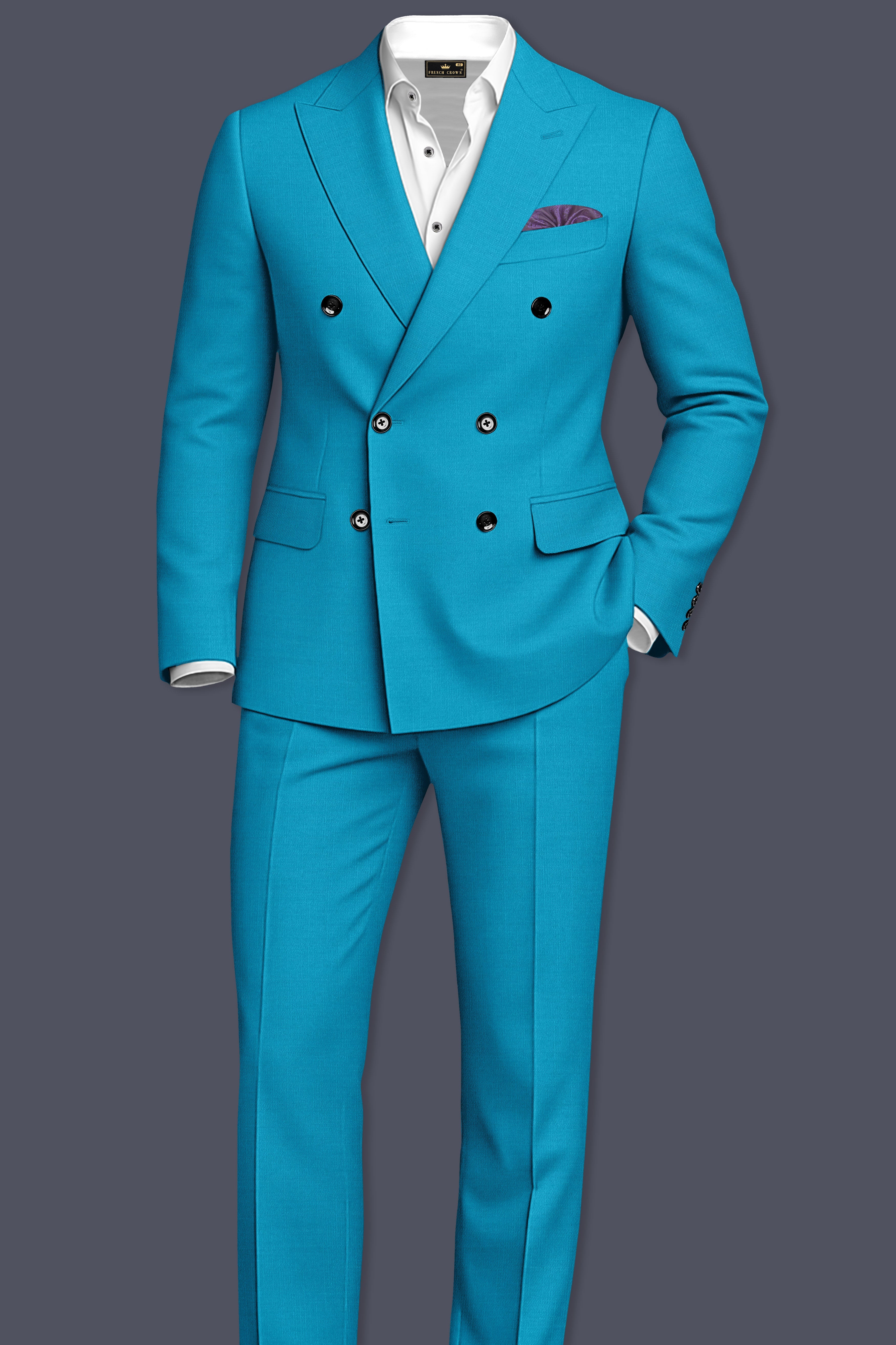 Atlantic-Bondi Blue Wool Rich Slight Stretch Double Breasted Blazer