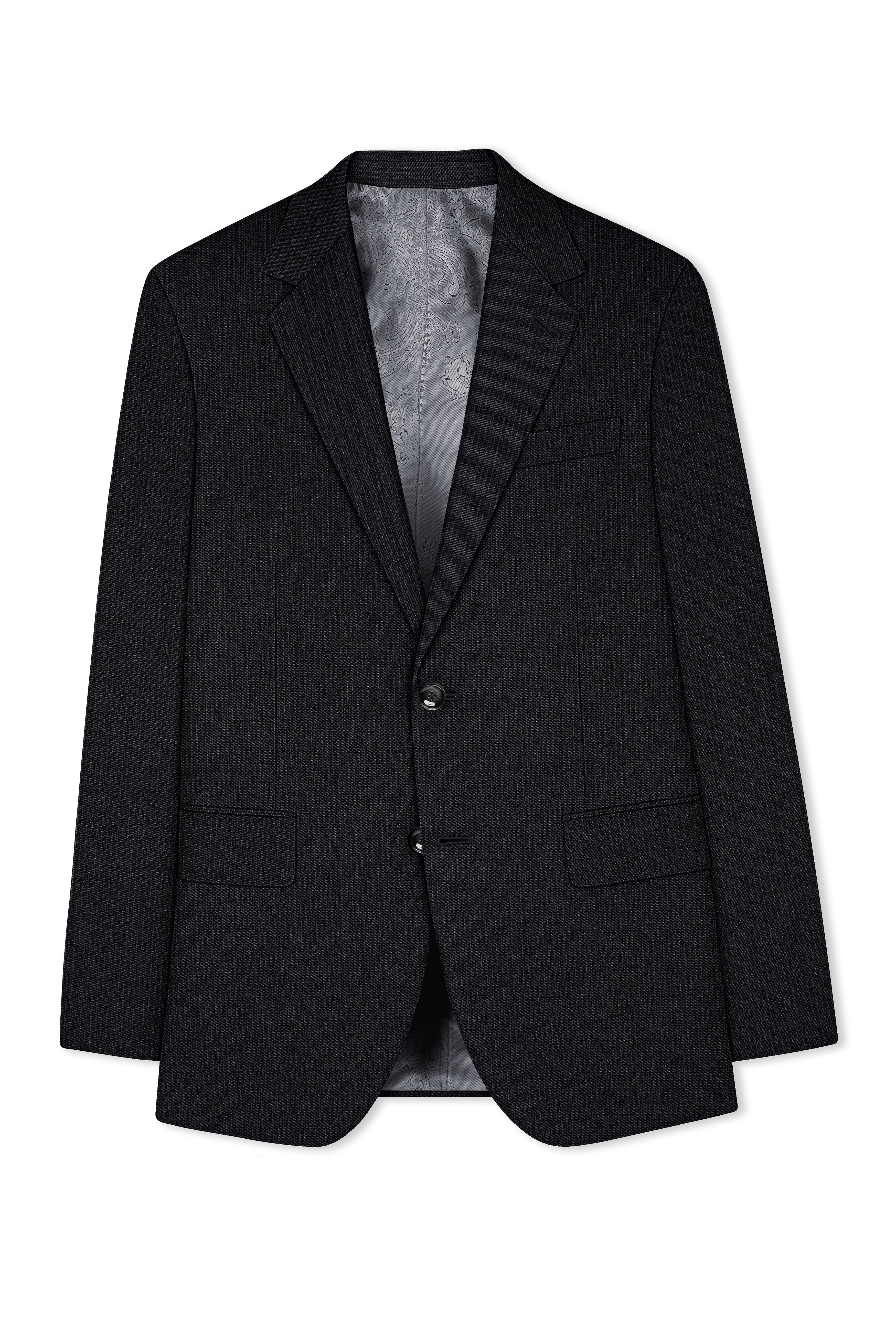 Noir-Jade Black Pencil Striped Wool Rich Slight Stretch Single Breasted Blazer