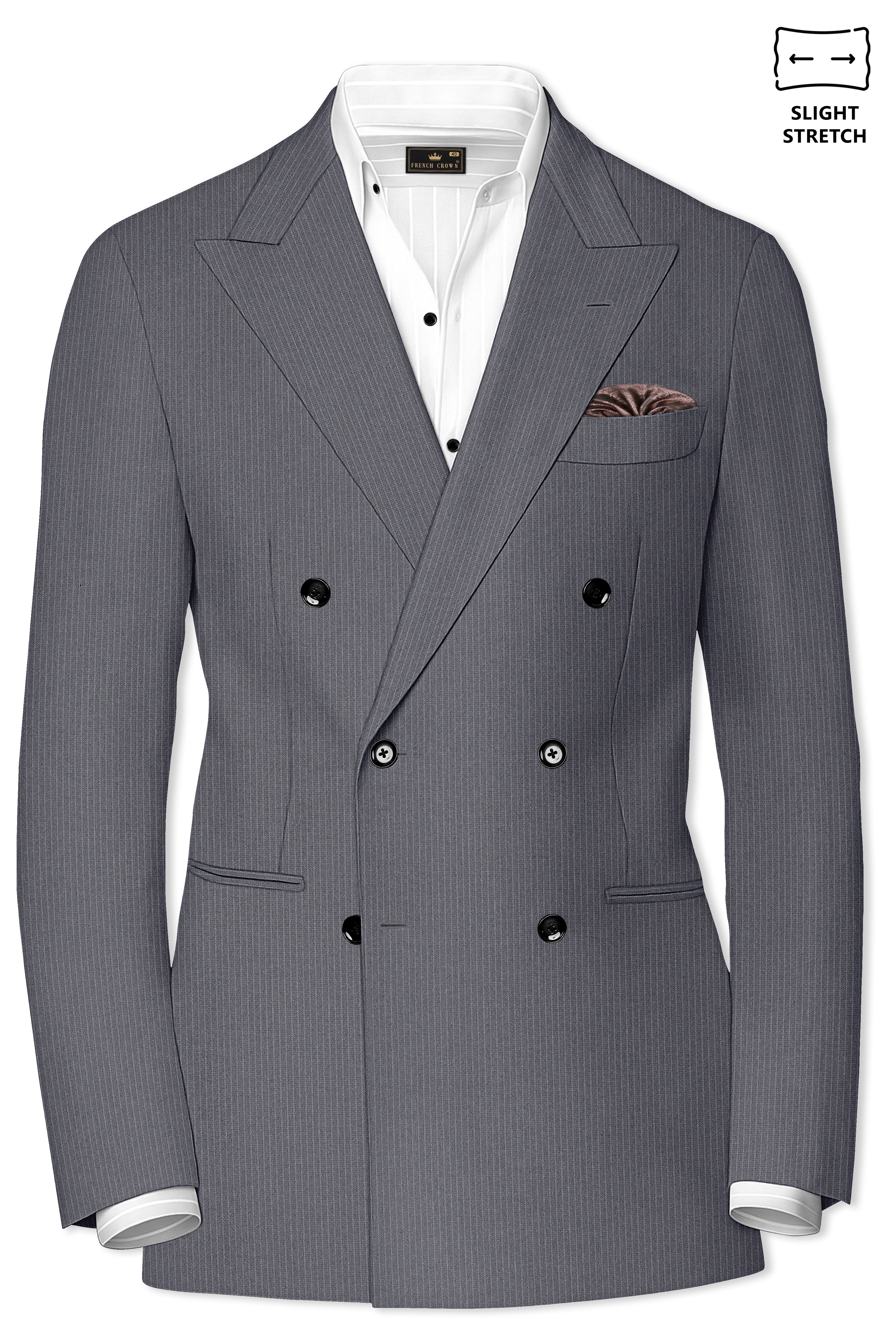 Apex-Ironside Gray Pencil Striped Wool Rich Slight Stretch Double Breasted Blazer