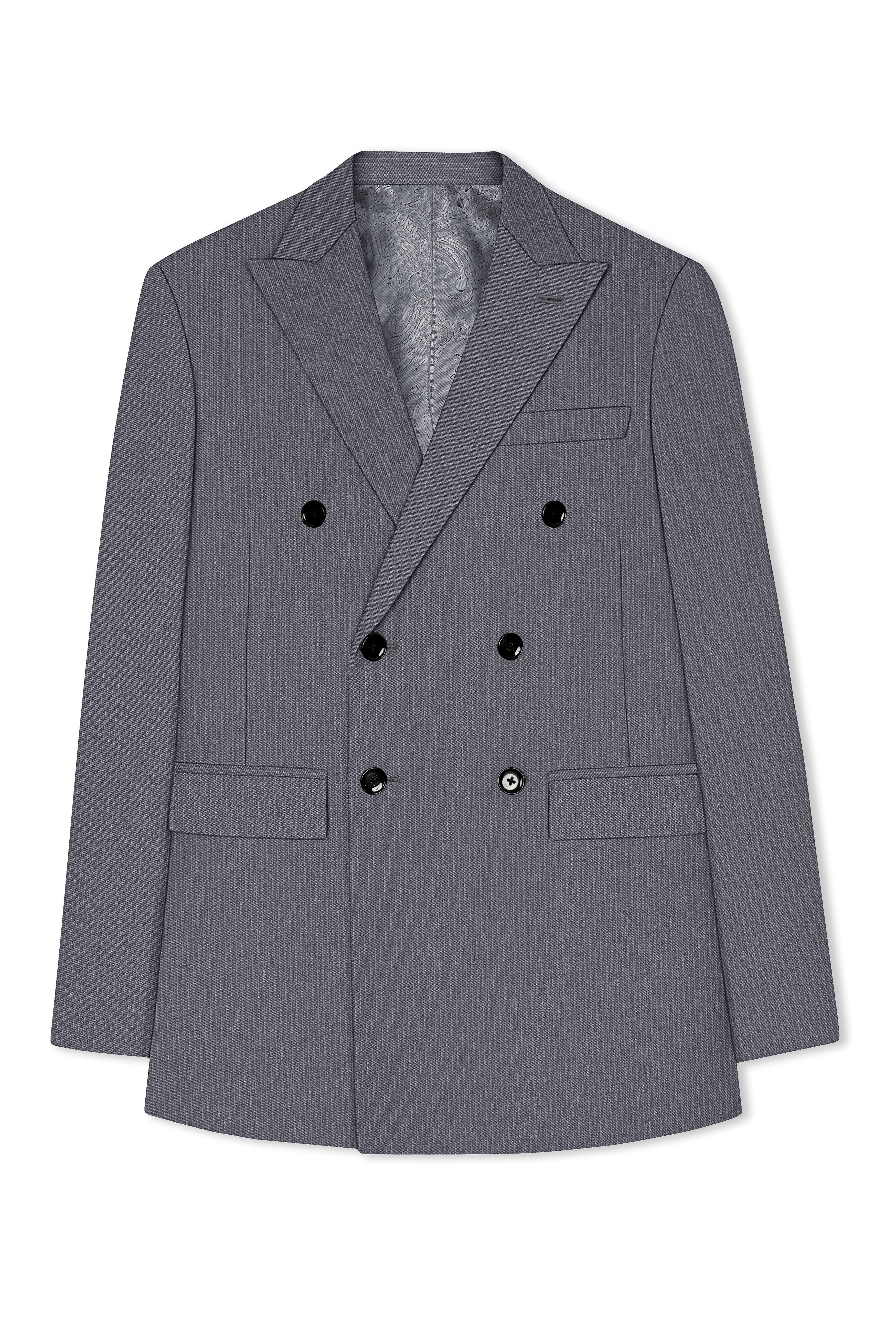 Apex-Ironside Gray Pencil Striped Wool Rich Slight Stretch Double Breasted Blazer