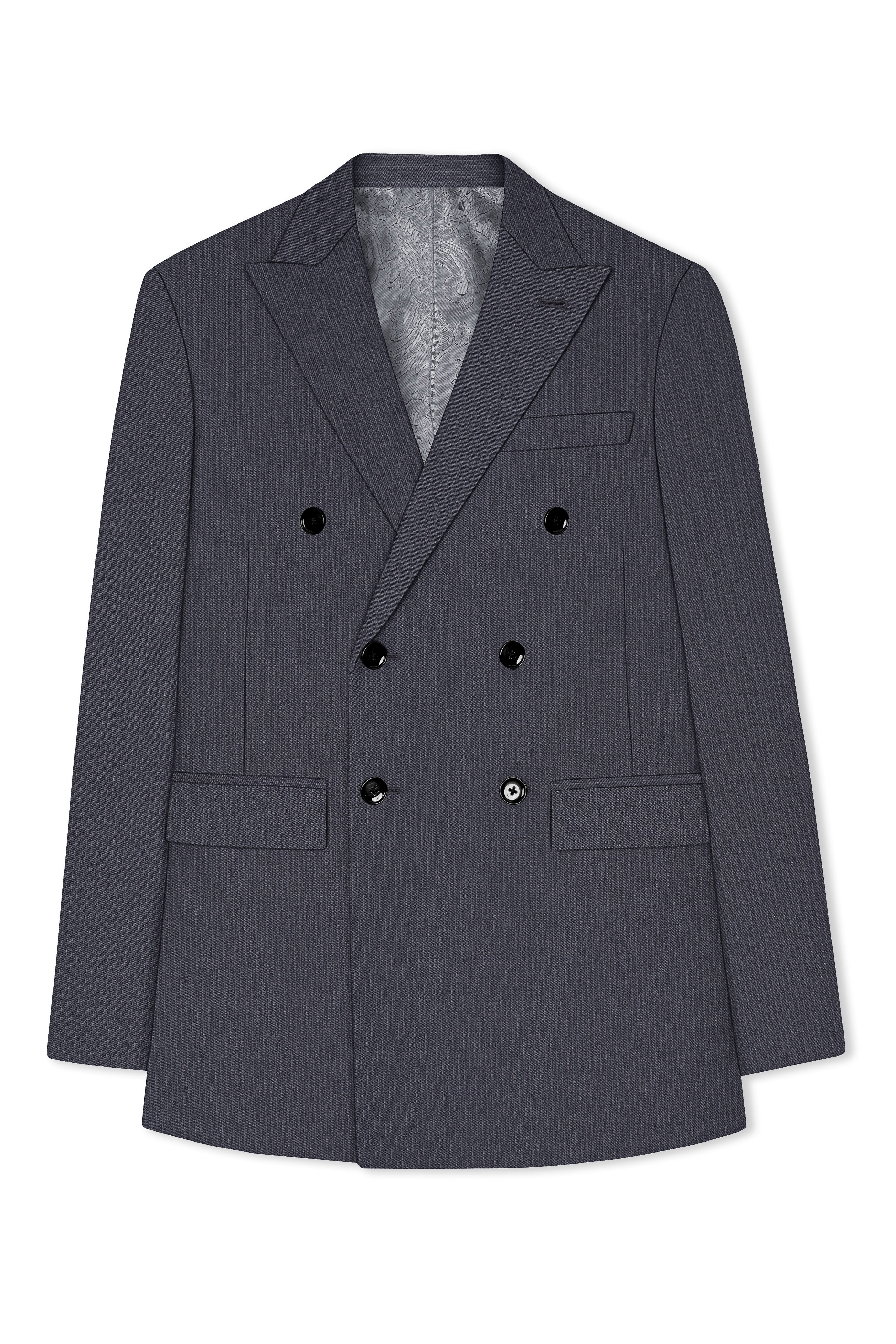 Monvex-Tuna Gray Pencil Striped Wool Rich Slight Stretch Double Breasted Blazer