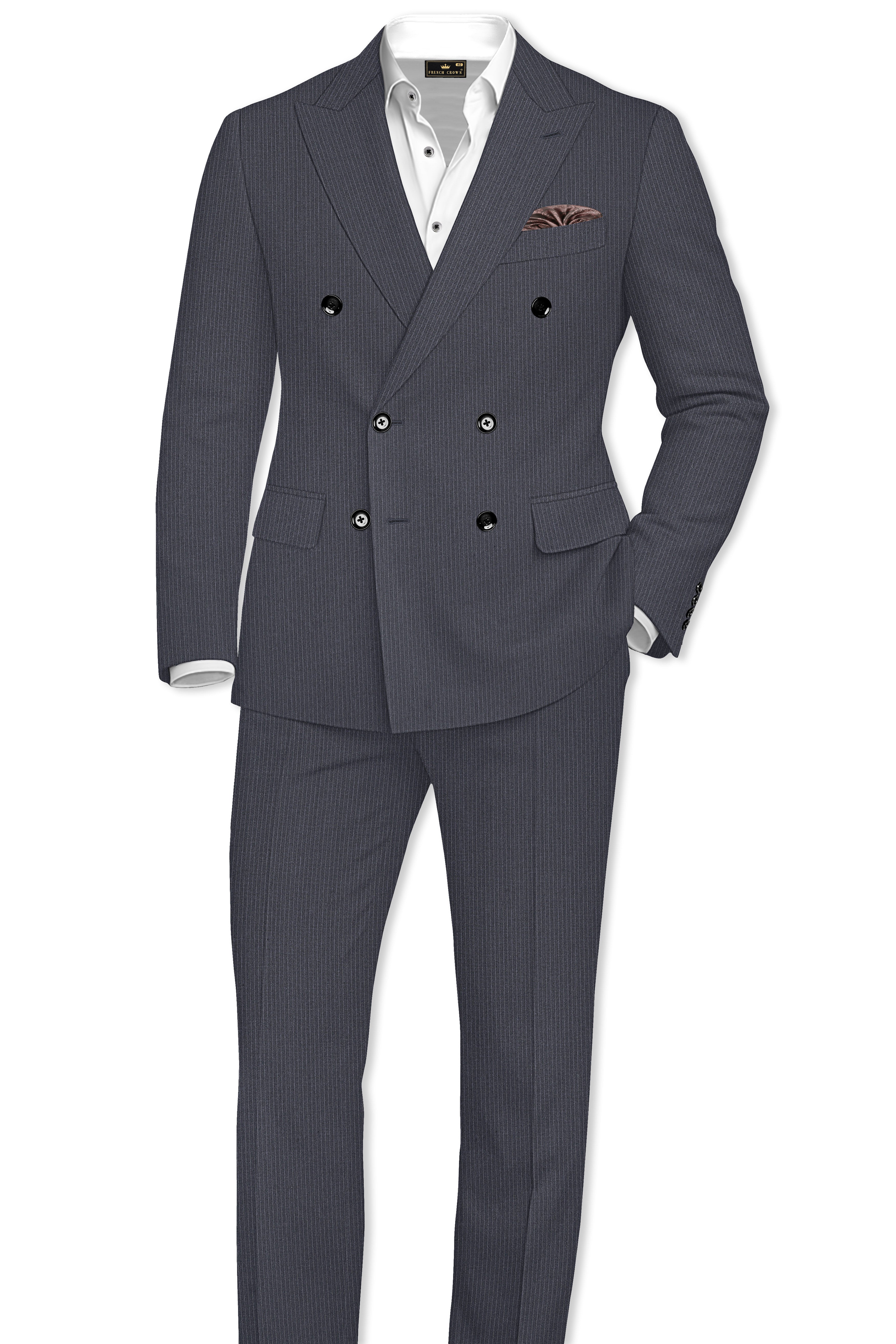 Monvex-Tuna Gray Pencil Striped Wool Rich Slight Stretch Double Breasted Blazer