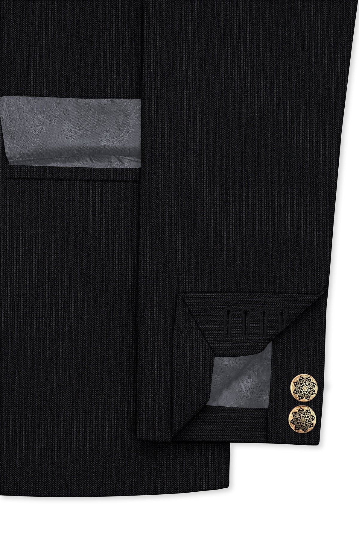 Noir-Jade Black Pencil Striped Wool Rich Slight Stretch Cross Placket Bandhgala Blazer
