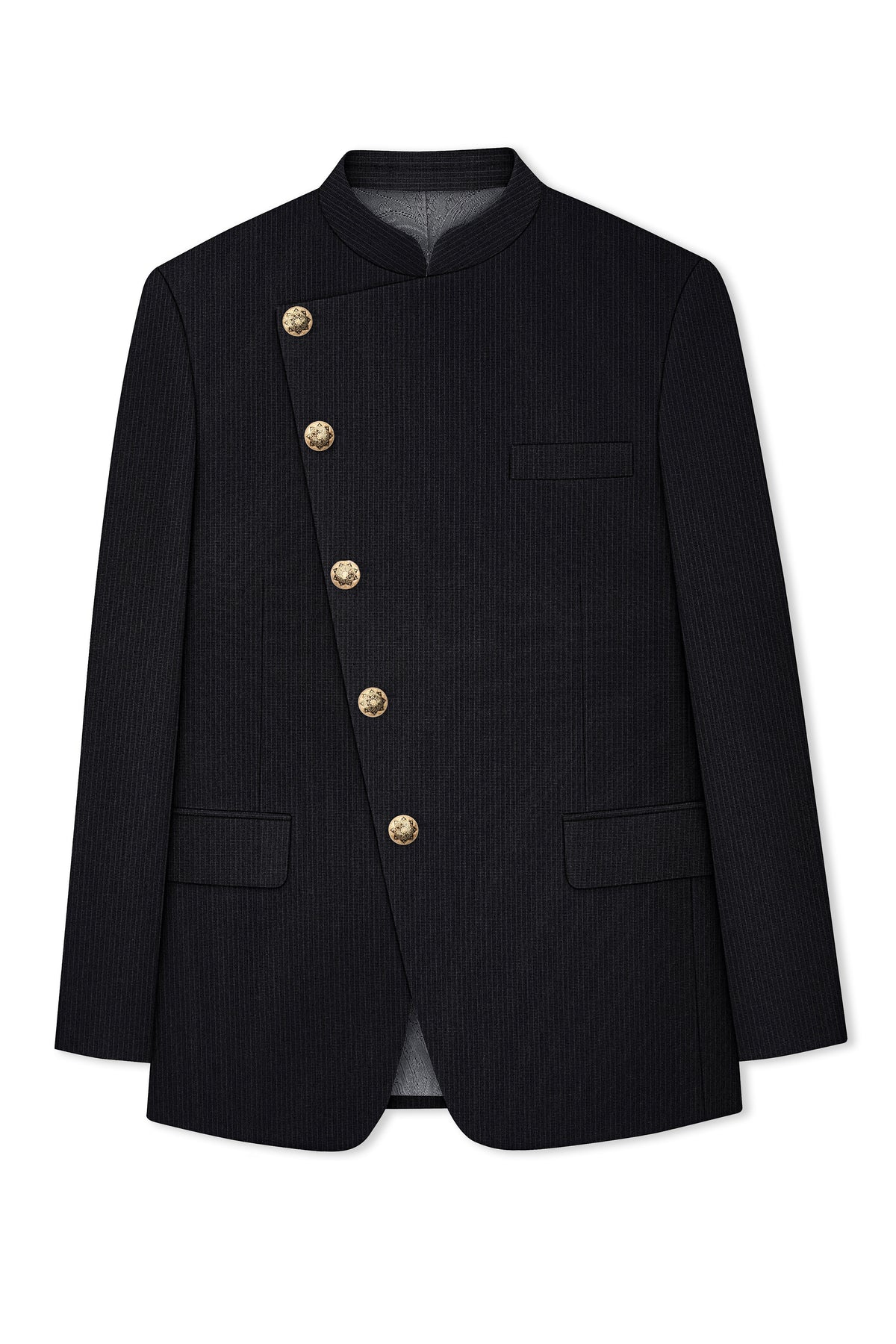 Noir-Jade Black Pencil Striped Wool Rich Slight Stretch Cross Placket Bandhgala Blazer