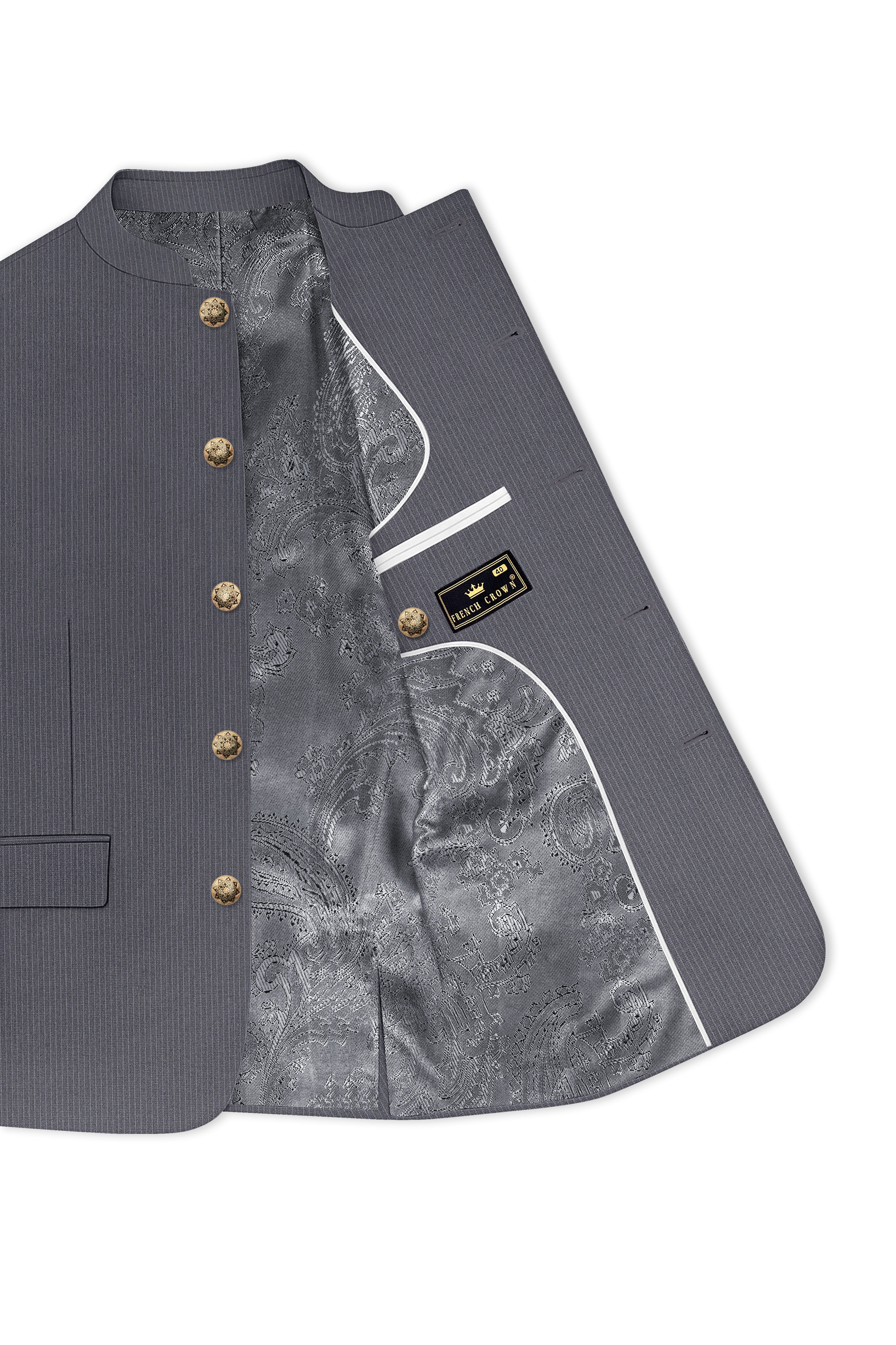 Apex-Ironside Gray Pencil Striped Wool Rich Bandhgala Slight Stretch Blazer