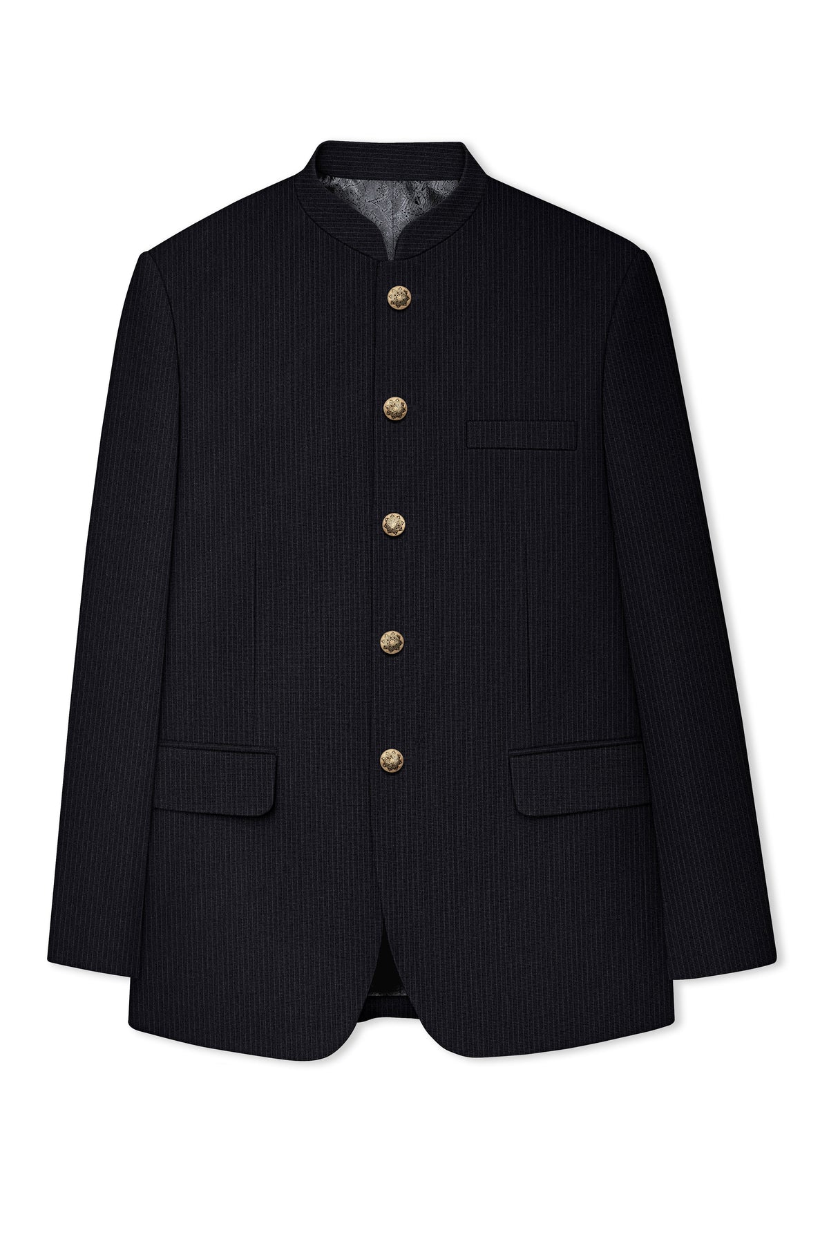 Noir-Jade Black Pencil Striped Wool Rich Bandhgala Slight Stretch Blazer