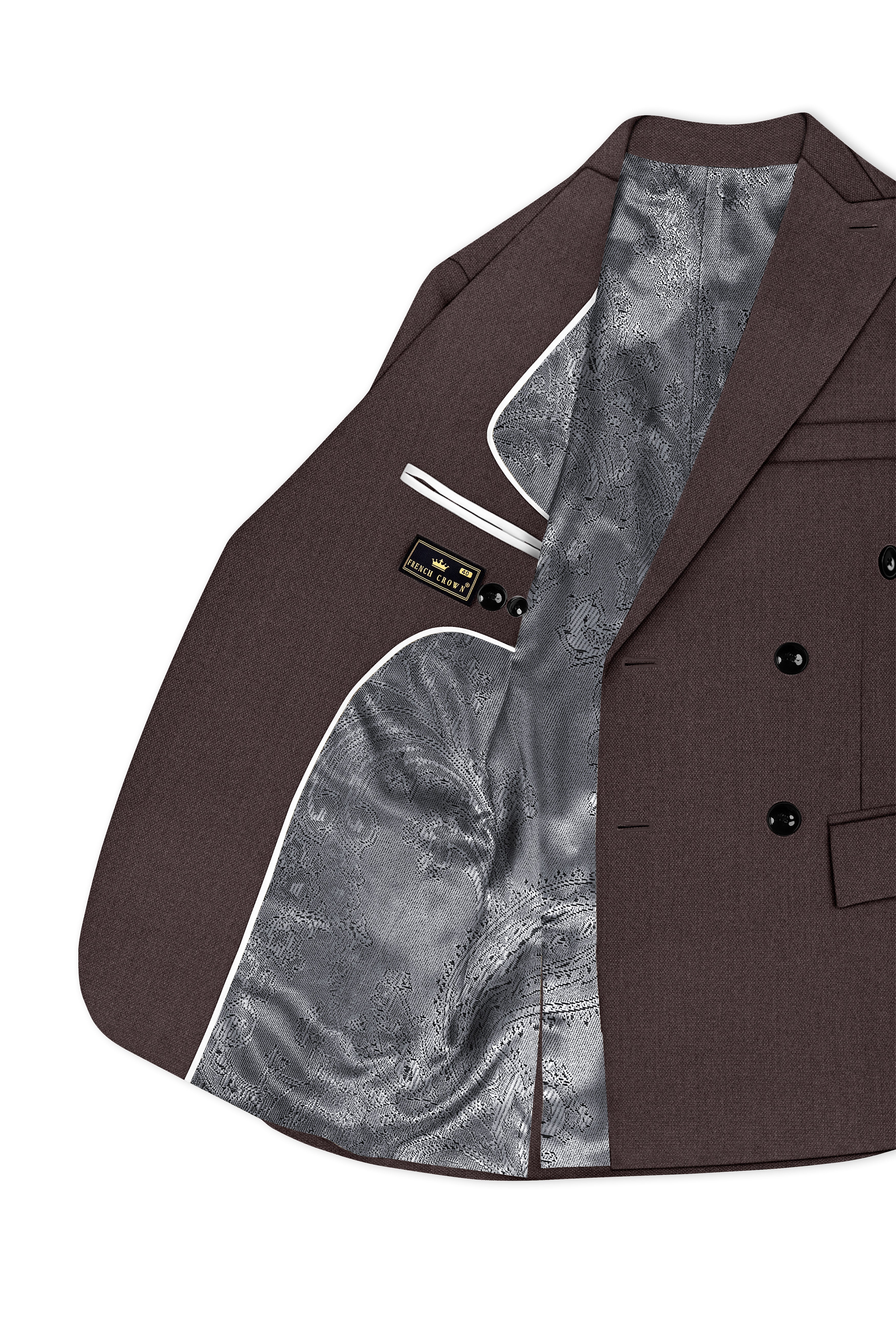 Estate-Fuscous Brown Diamond Textured Wool Rich Slight Stretch Double Breasted Blazer