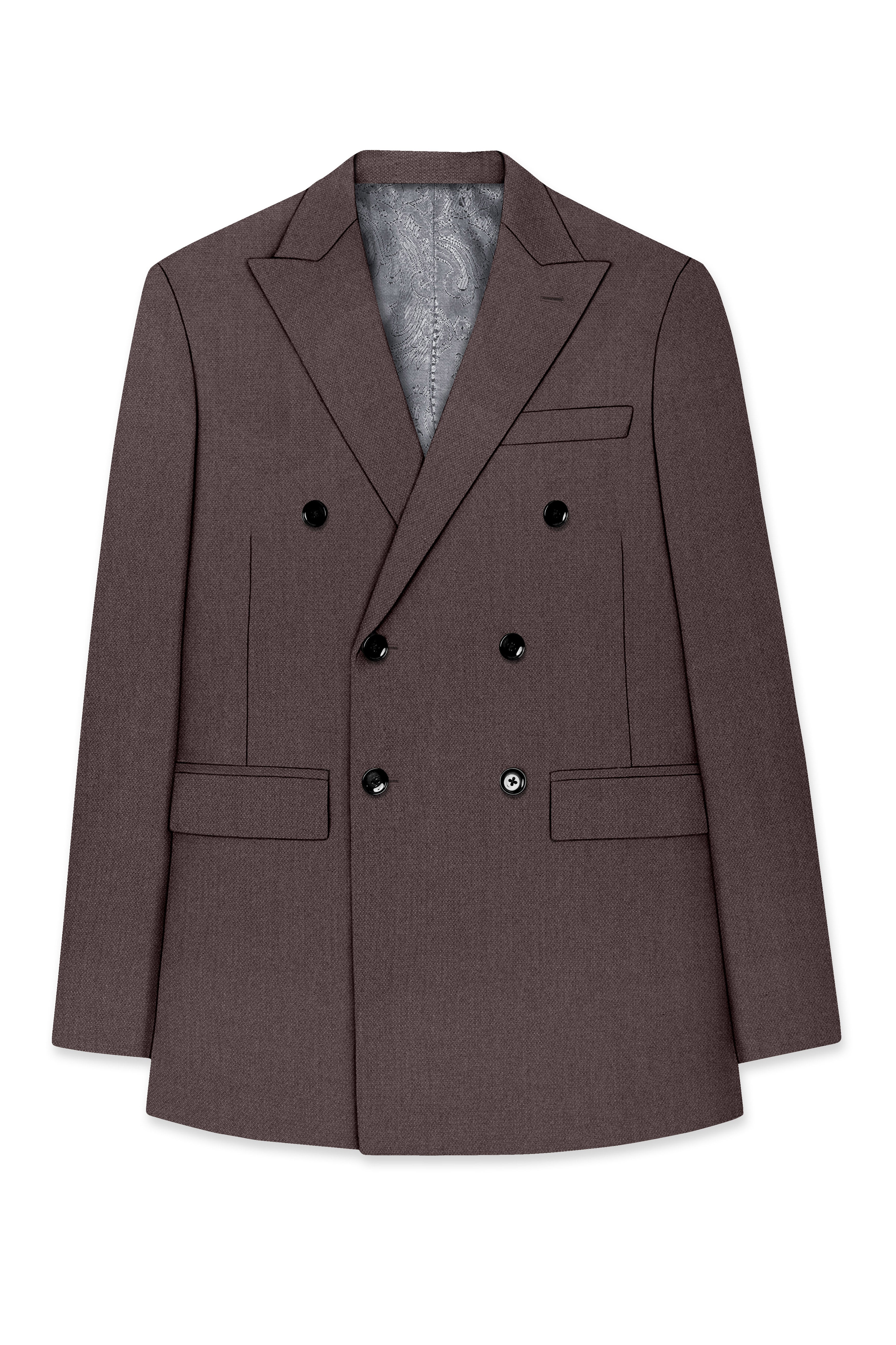 Estate-Fuscous Brown Diamond Textured Wool Rich Slight Stretch Double Breasted Blazer