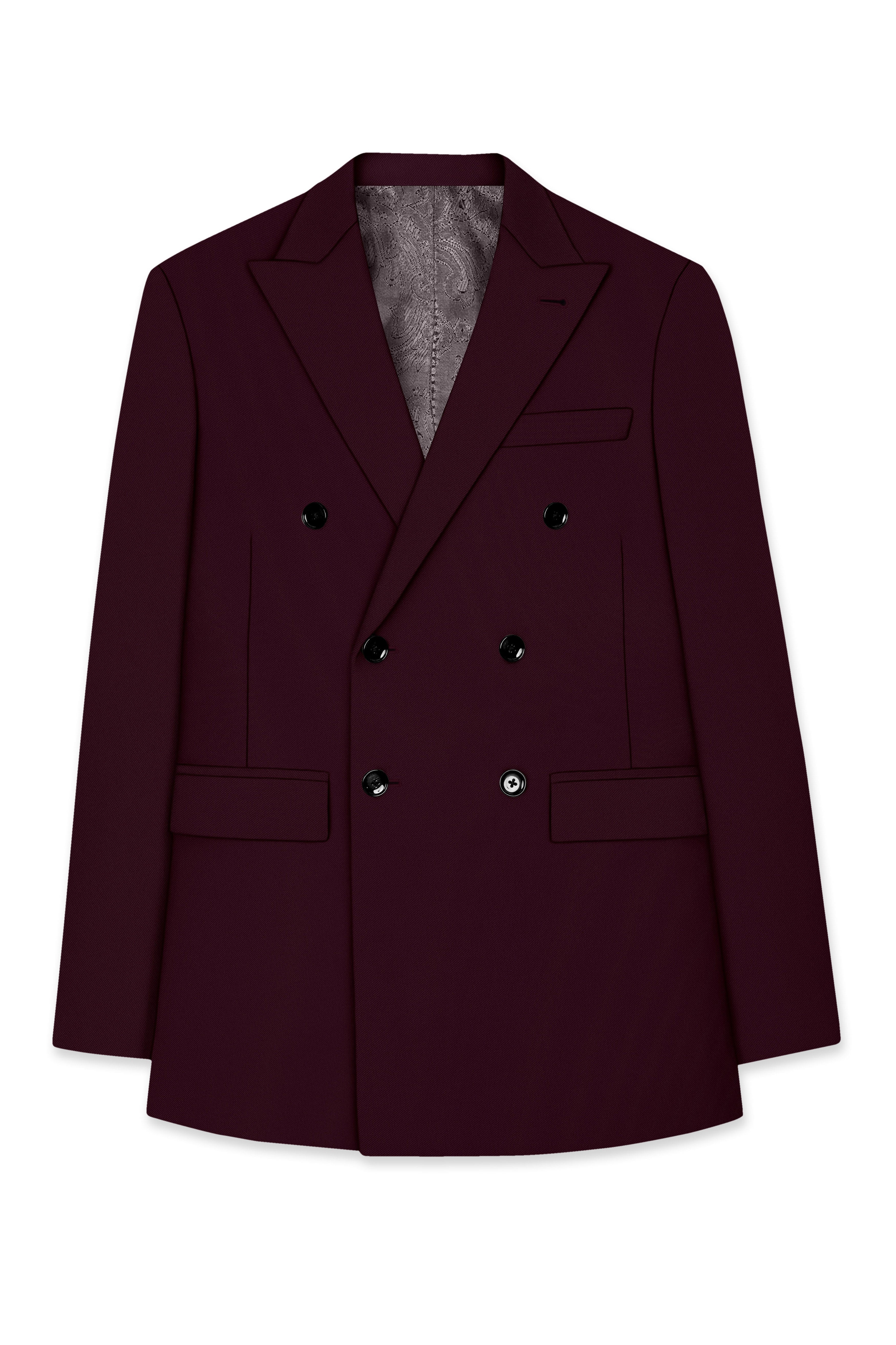 Veltrix-Korean Aubergine Maroon 4-Way Stretch Wrinkle-Free Fluid Drape Fabric Double Breasted Blazer