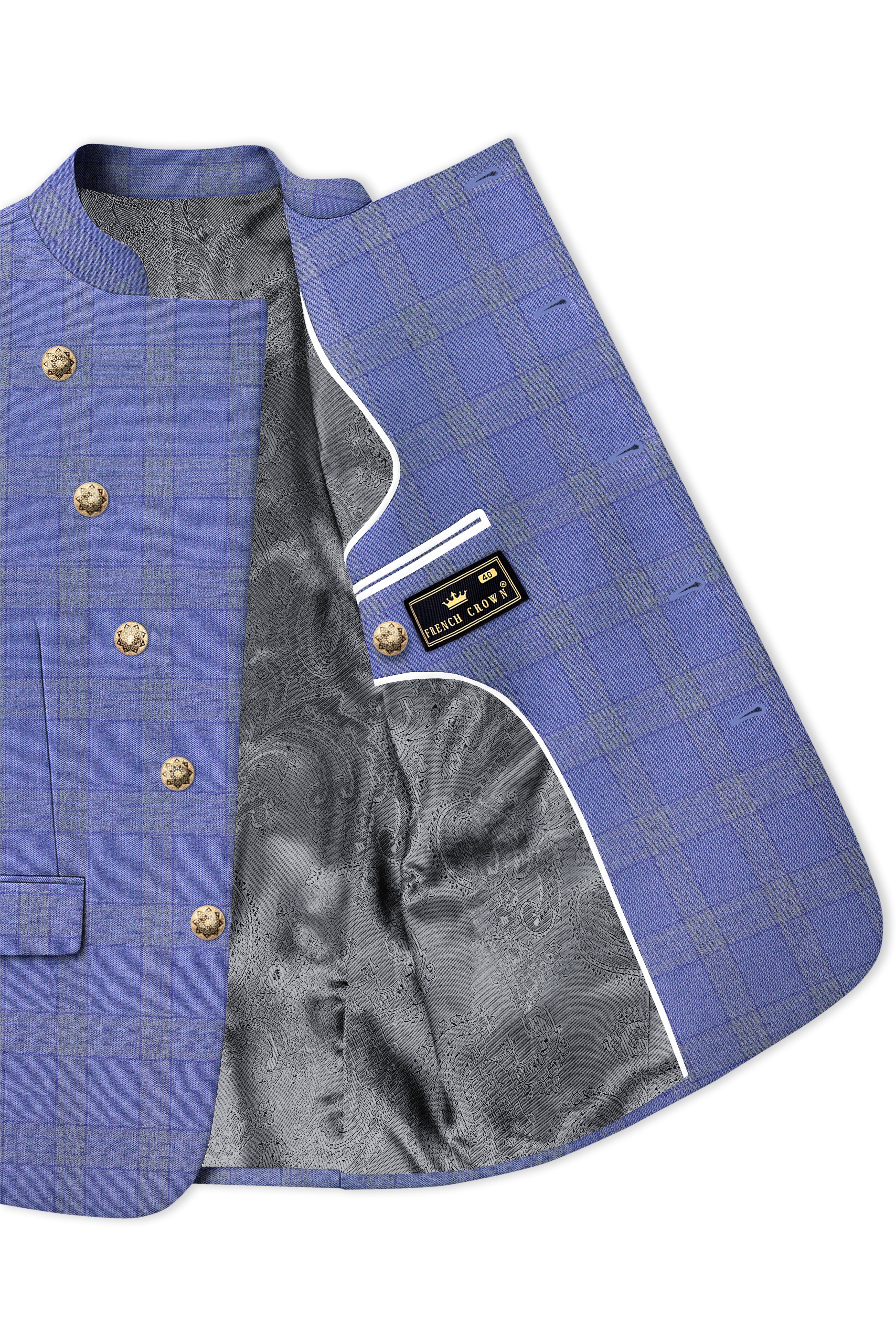 Cobalt-Scampi Blue Plaid Wool Rich Cross Placket Bandhgala Blazer