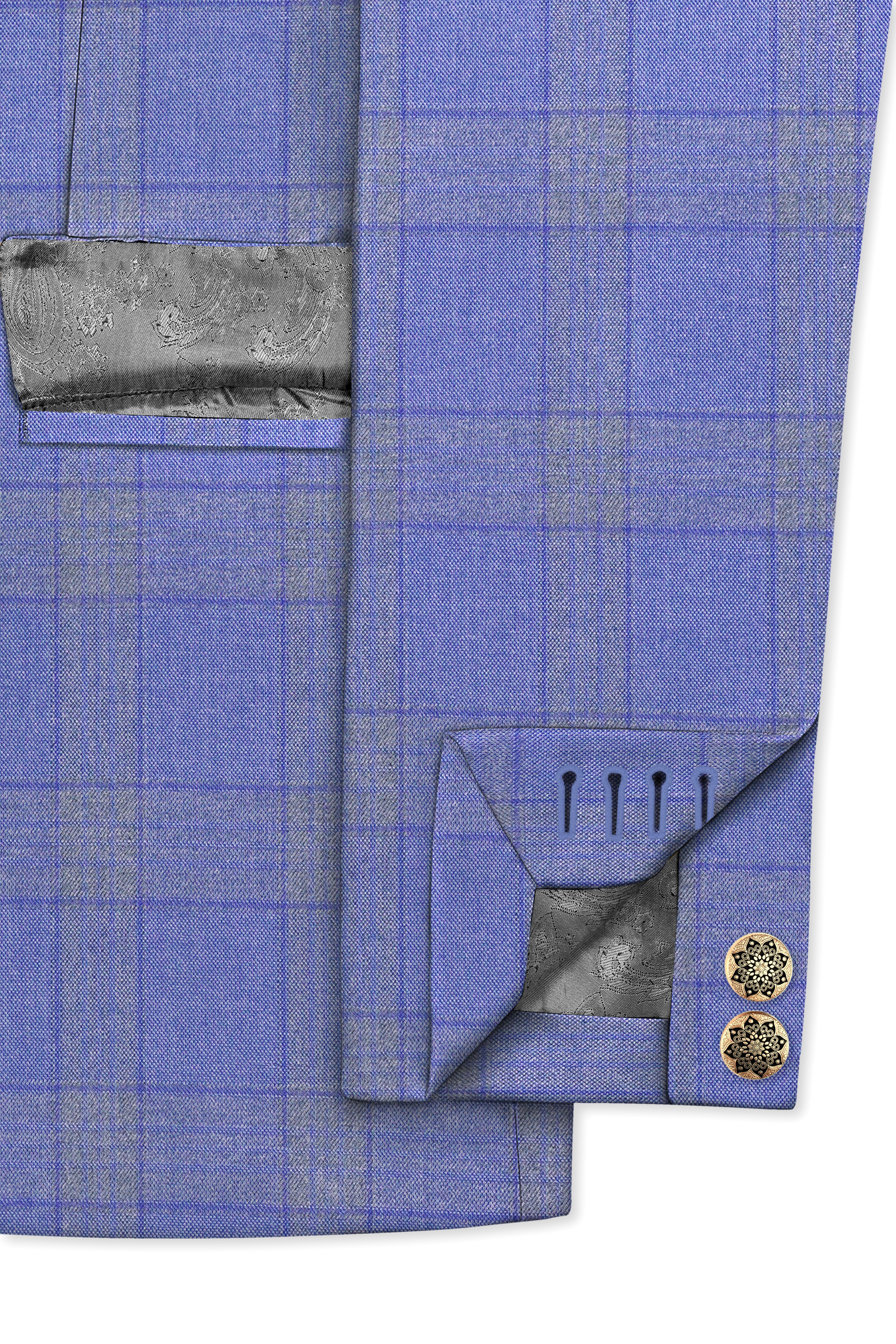 Cobalt-Scampi Blue Plaid Wool Rich Cross Placket Bandhgala Blazer