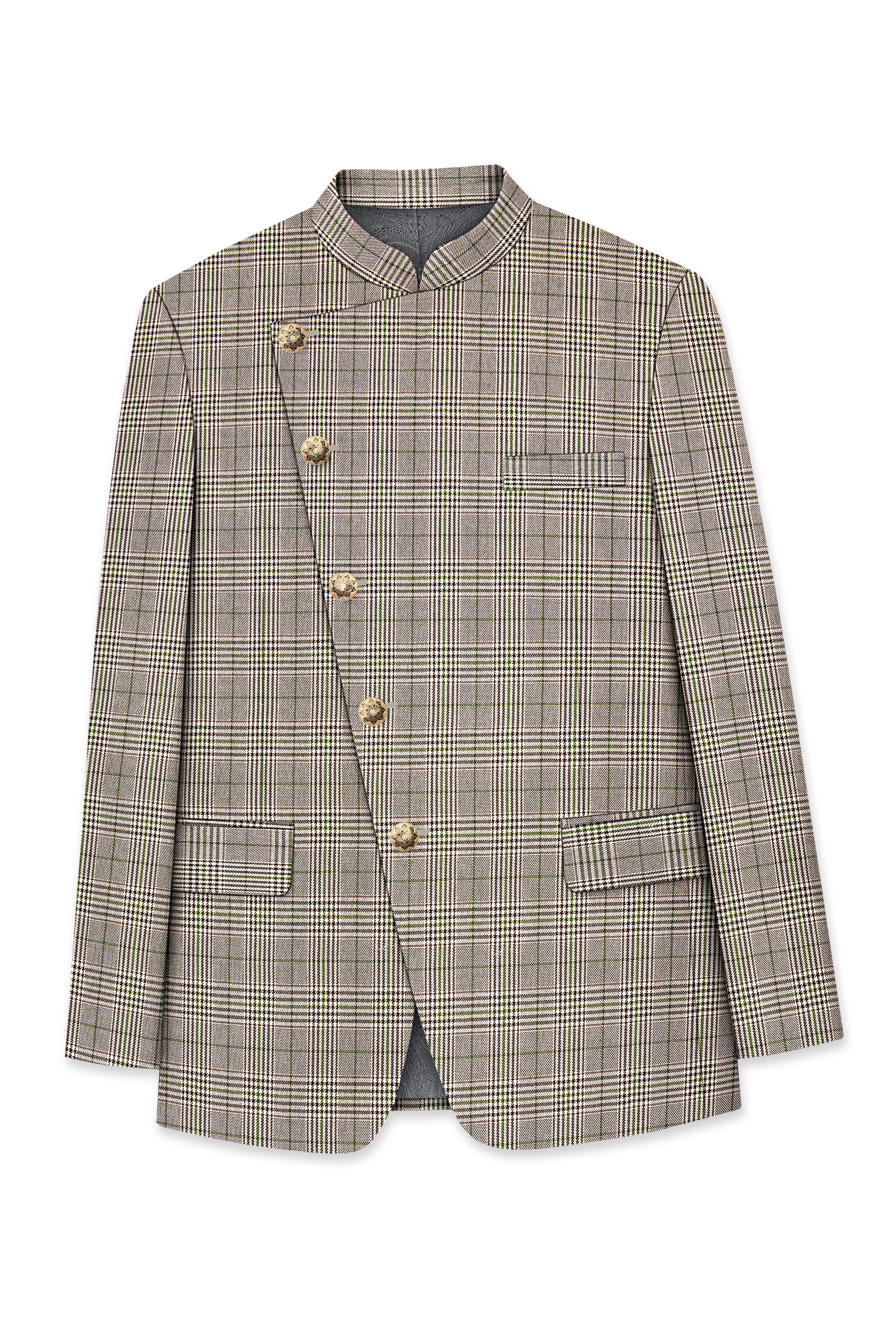 Nawab-Tundora Brown Plaid Wool Rich Cross Placket Bandhgala Blazer