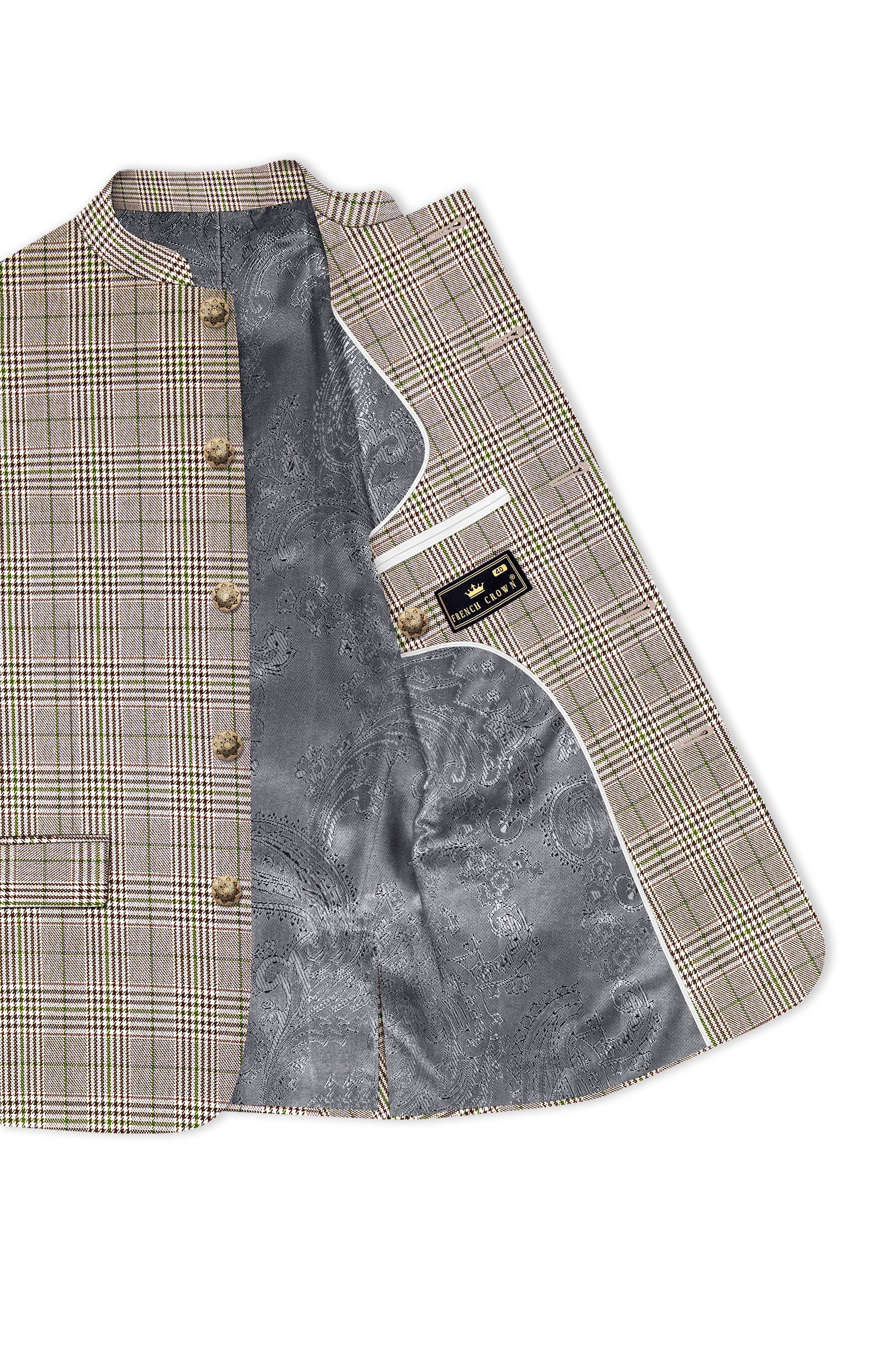Nawab-Tundora Brown Plaid Wool Rich Bandhgala Blazer