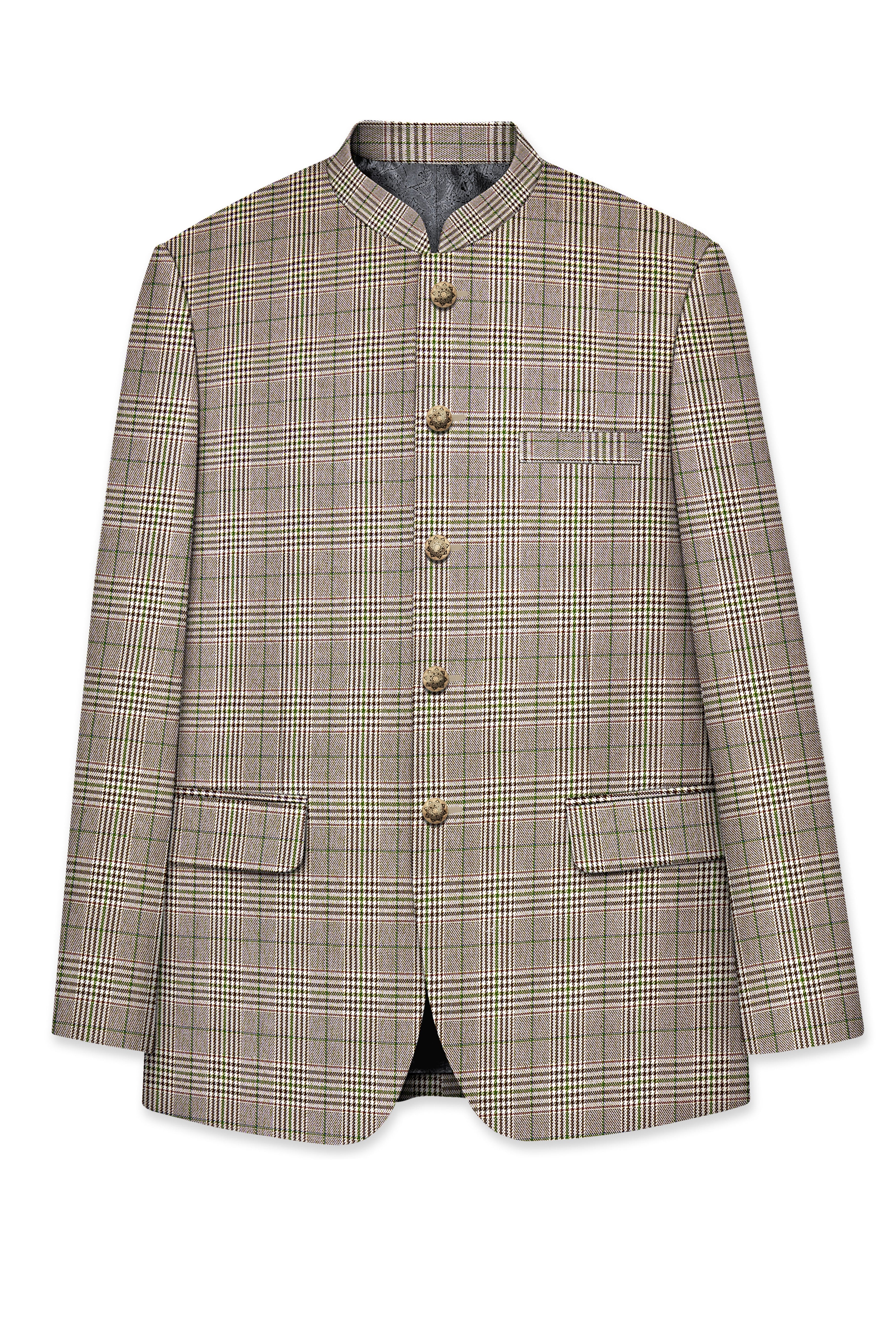 Nawab-Tundora Brown Plaid Wool Rich Bandhgala Blazer