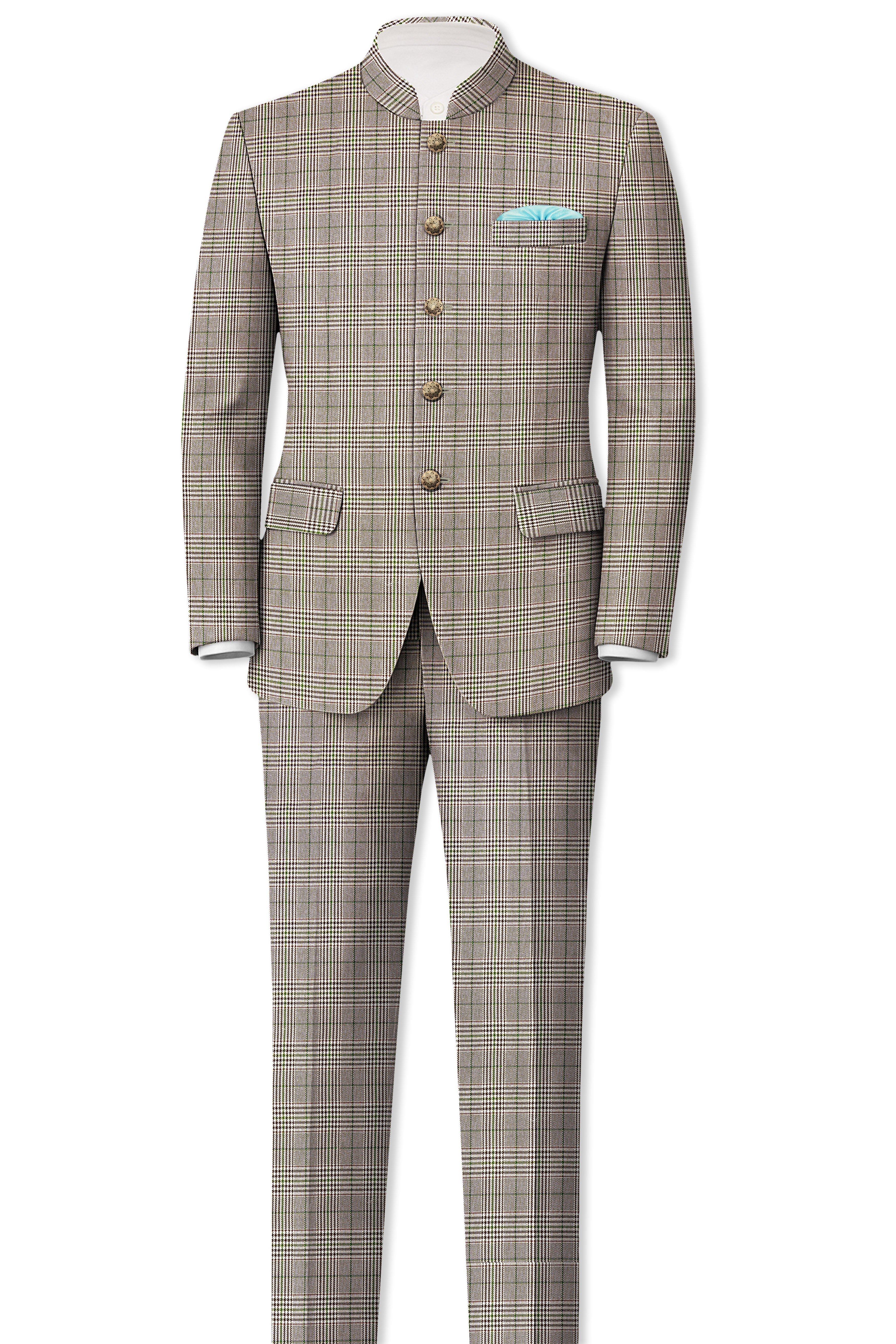 Nawab-Tundora Brown Plaid Wool Rich Bandhgala Blazer