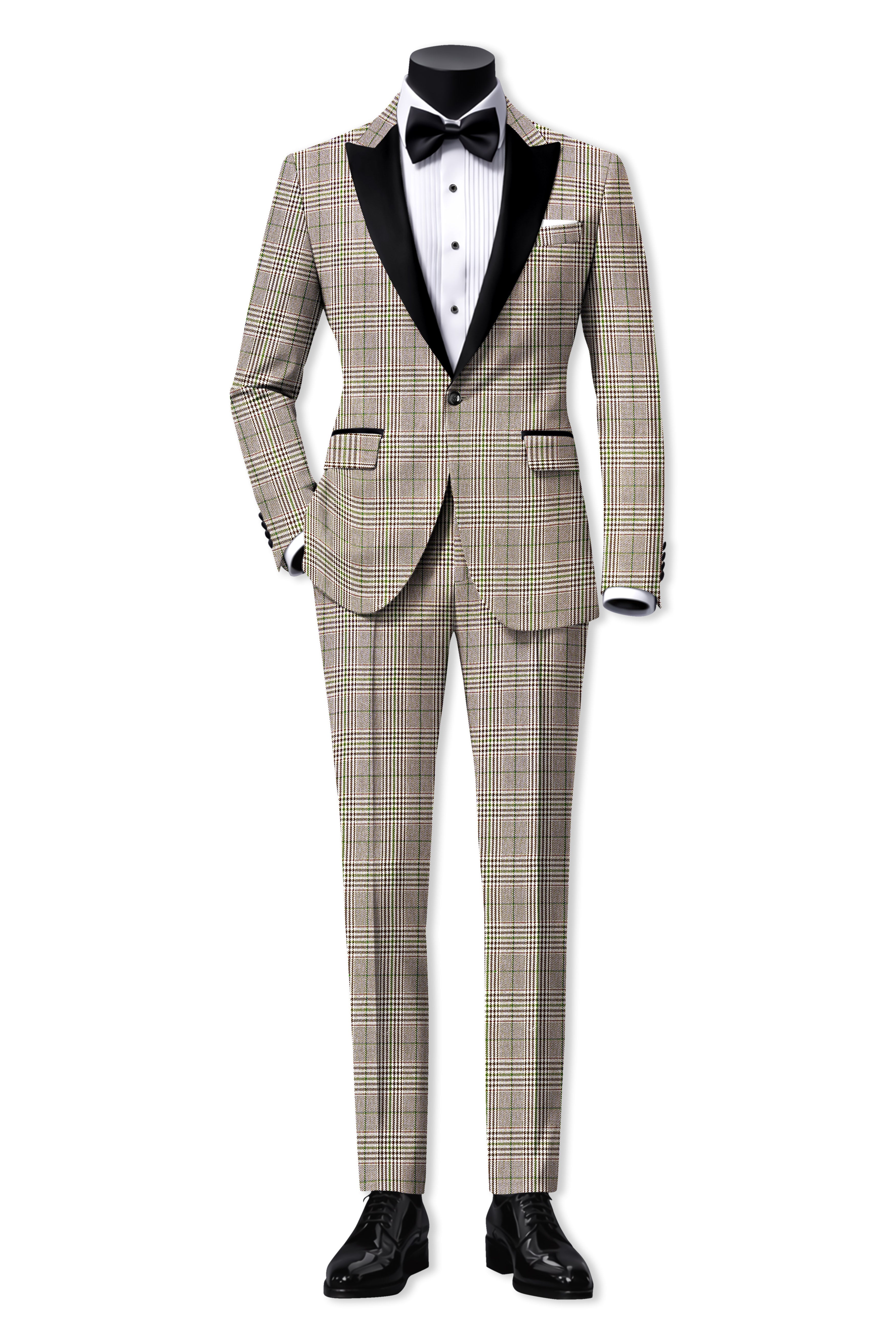 Nawab-Tundora Brown Plaid Wool Rich Peak Lapel Tuxedo Blazer