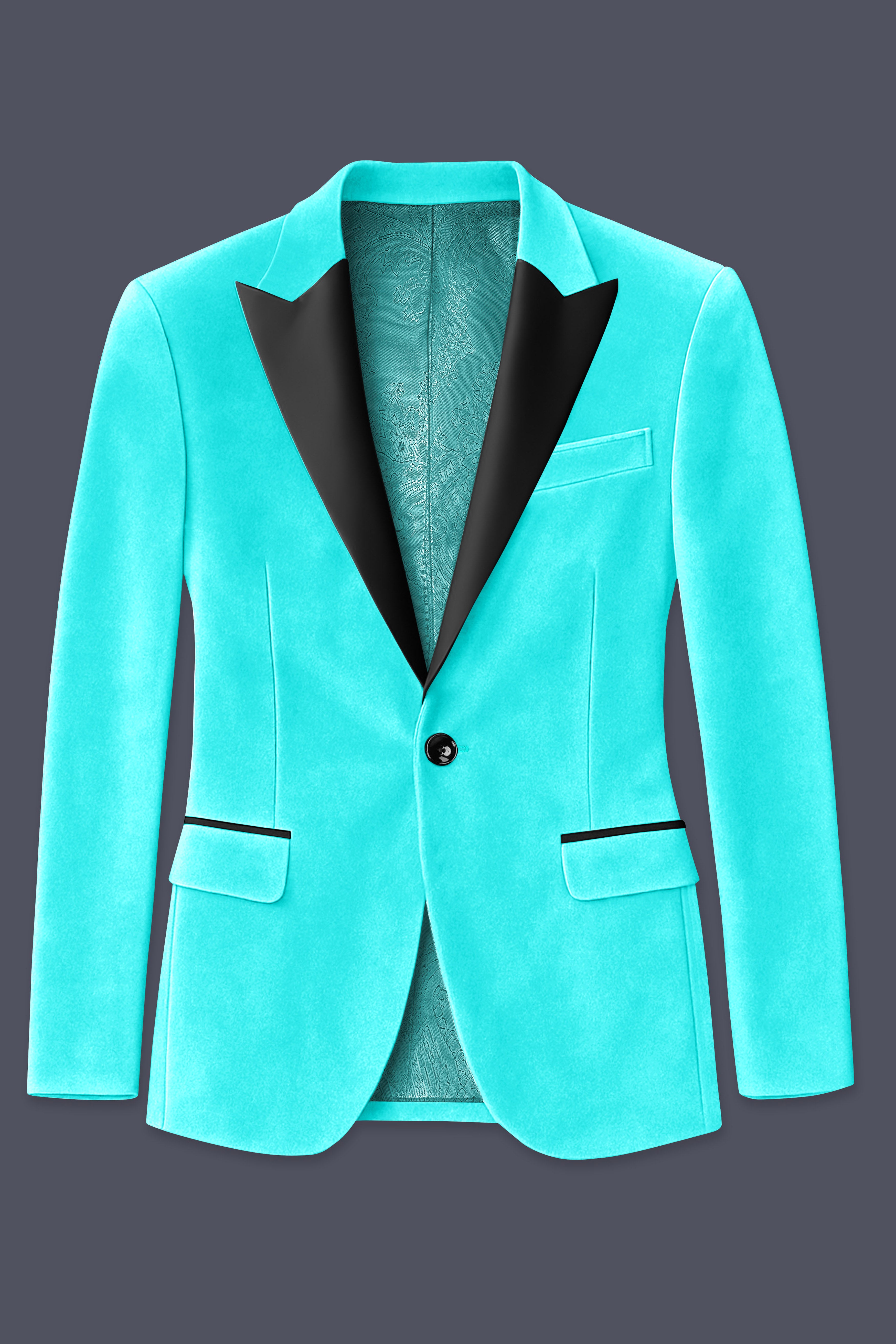 Sovereign-Turquoise Blue Velvet Peak Lapel Tuxedo Blazer