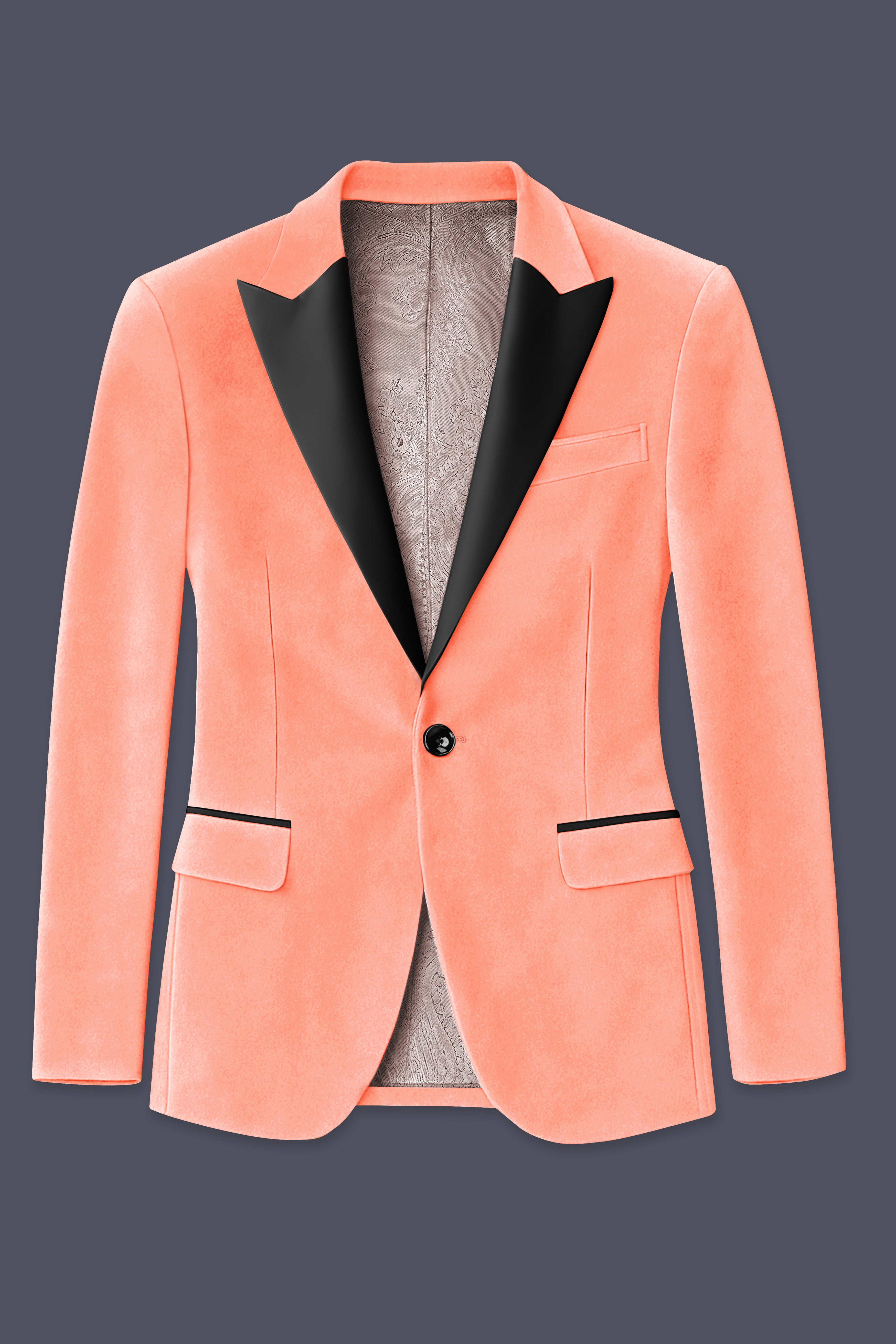 Zyron-Salmon Orange Velvet Peak Lapel Tuxedo Blazer