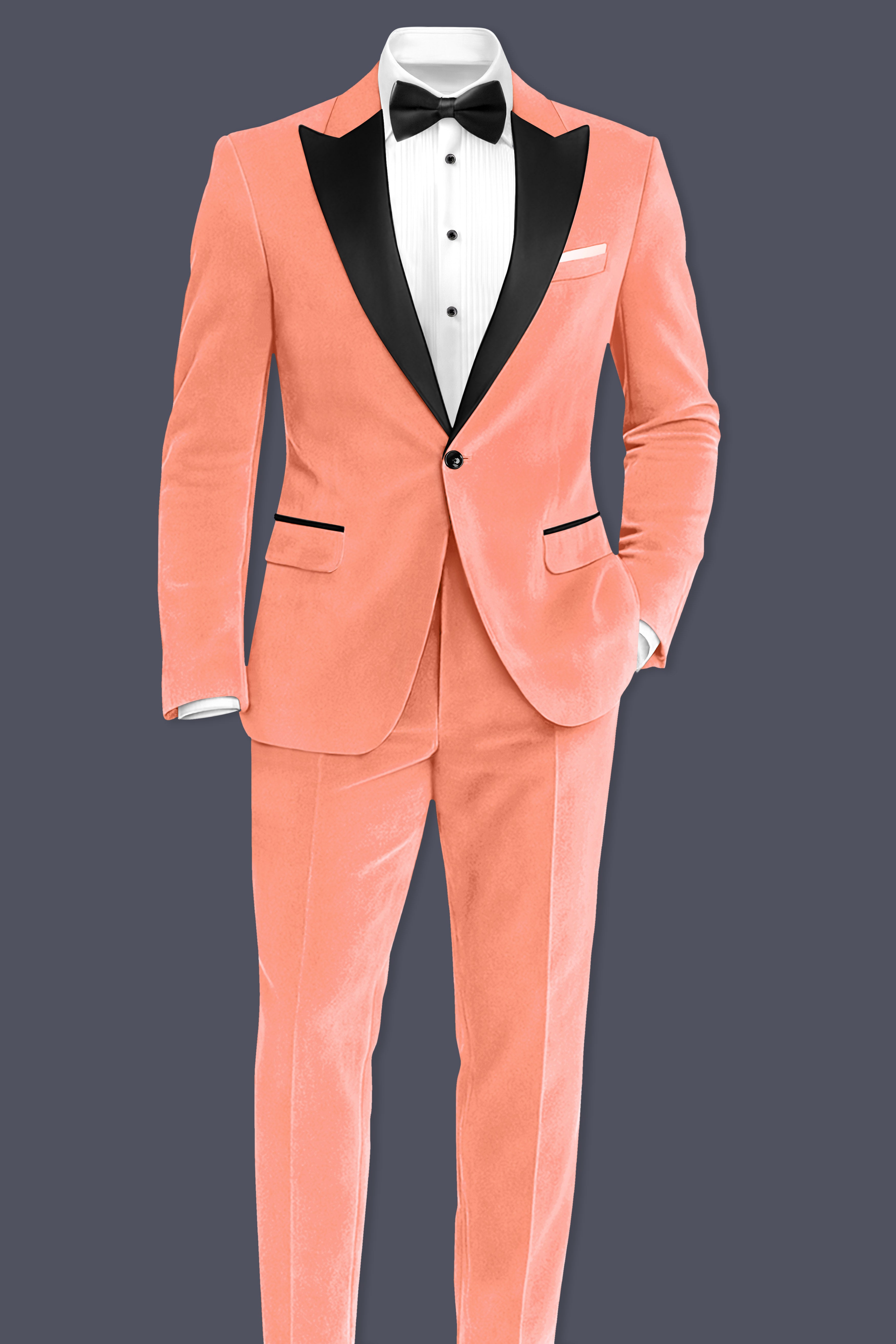 Zyron-Salmon Orange Velvet Peak Lapel Tuxedo Blazer