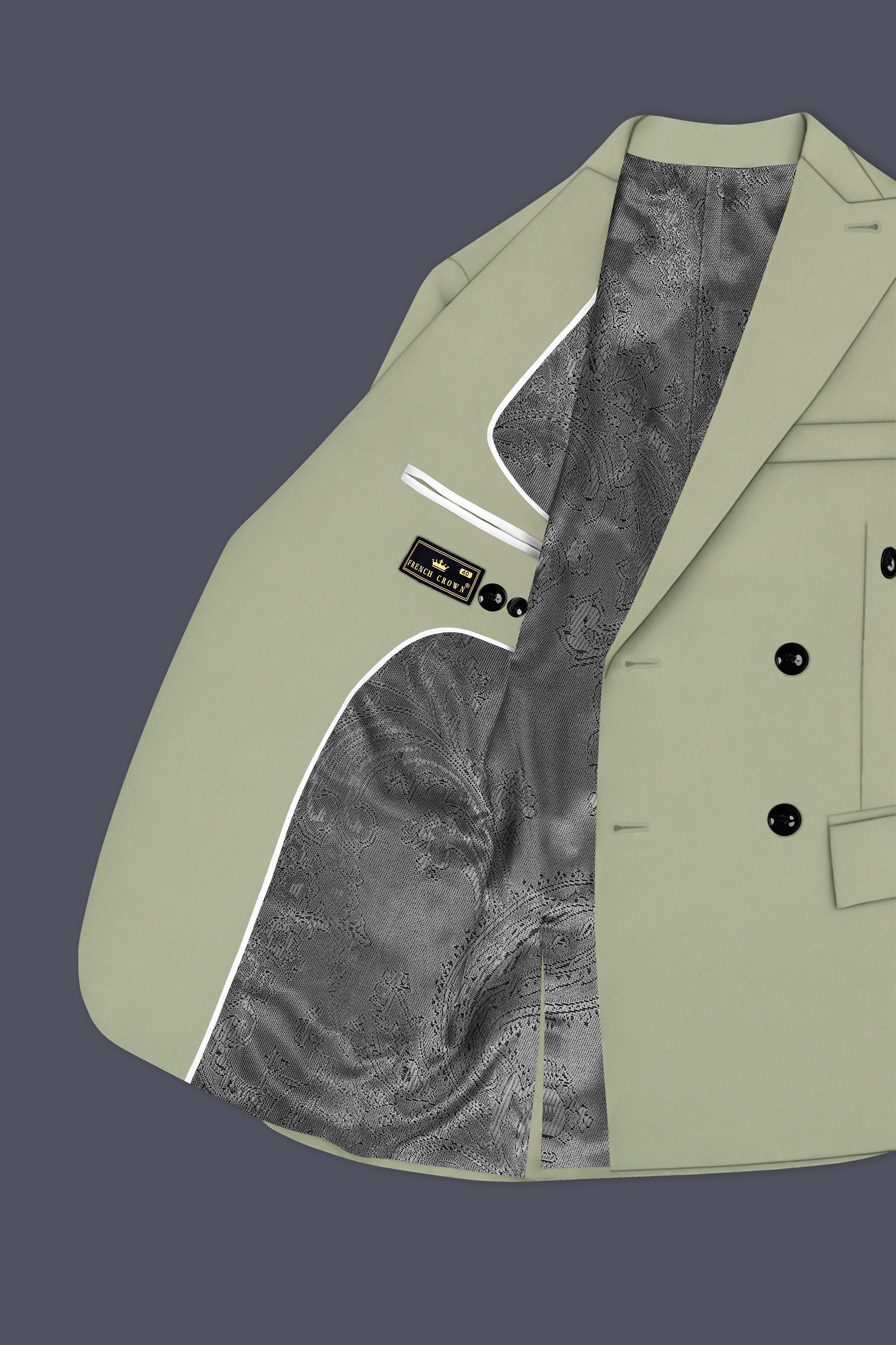 Verdan-Sage Green Slight Stretch Subtle Sheen Poly-Viscose Double Breasted Blazer