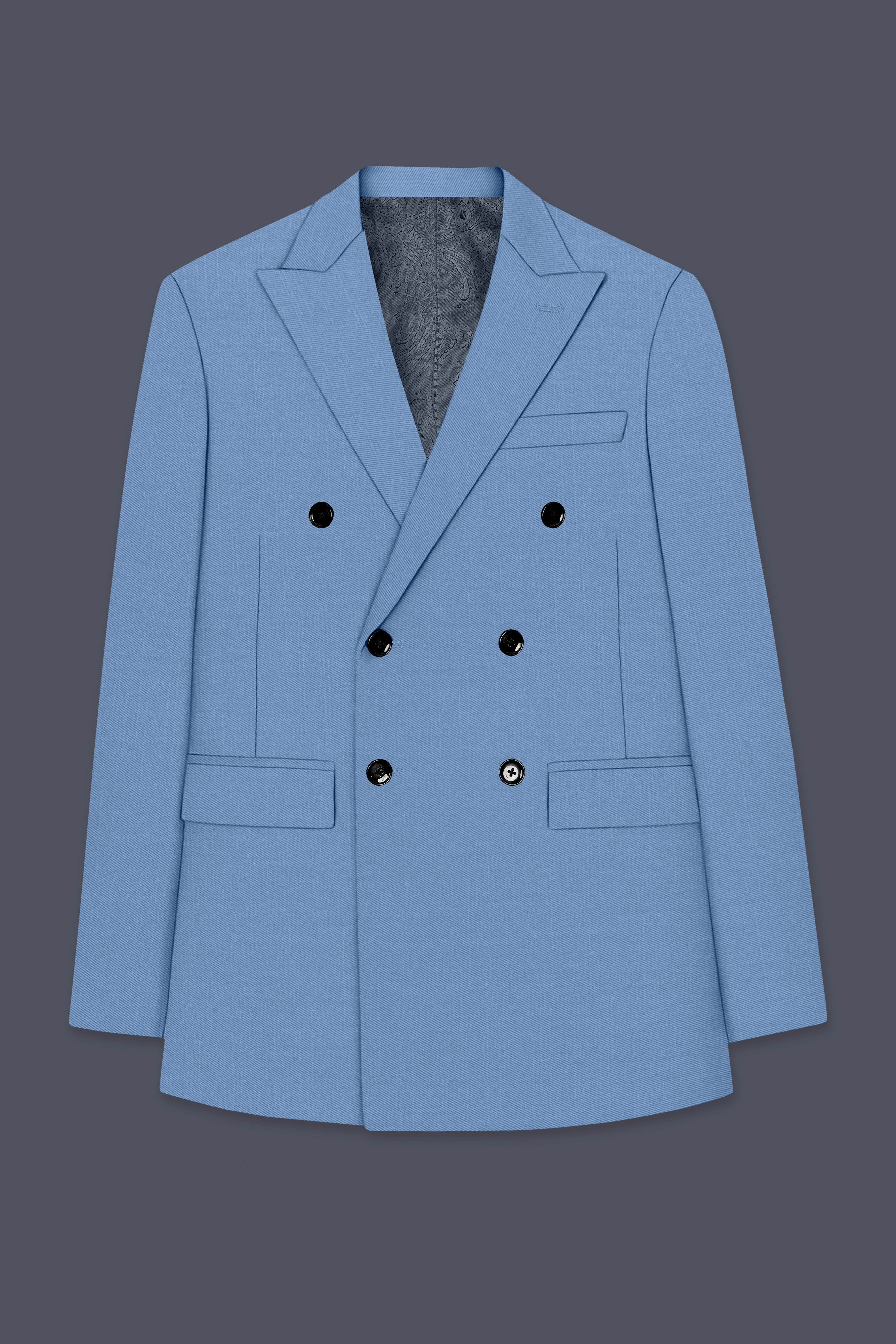 Azure-Glaucous Blue Wool Rich Slight Stretch Double Breasted Blazer