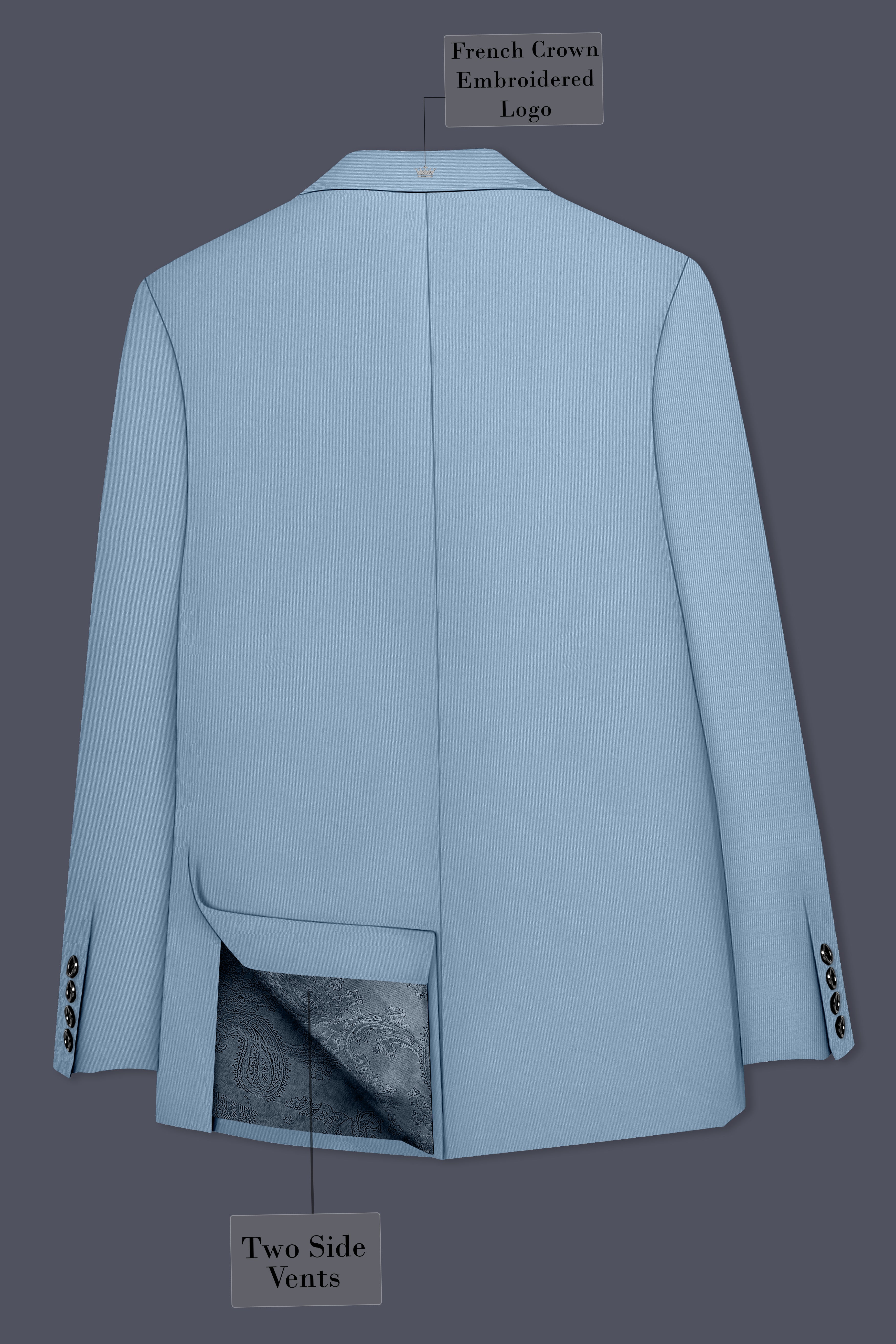 Velcian-Lynch Blue Slight Stretch Subtle Sheen Poly-Viscose Double Breasted Blazer