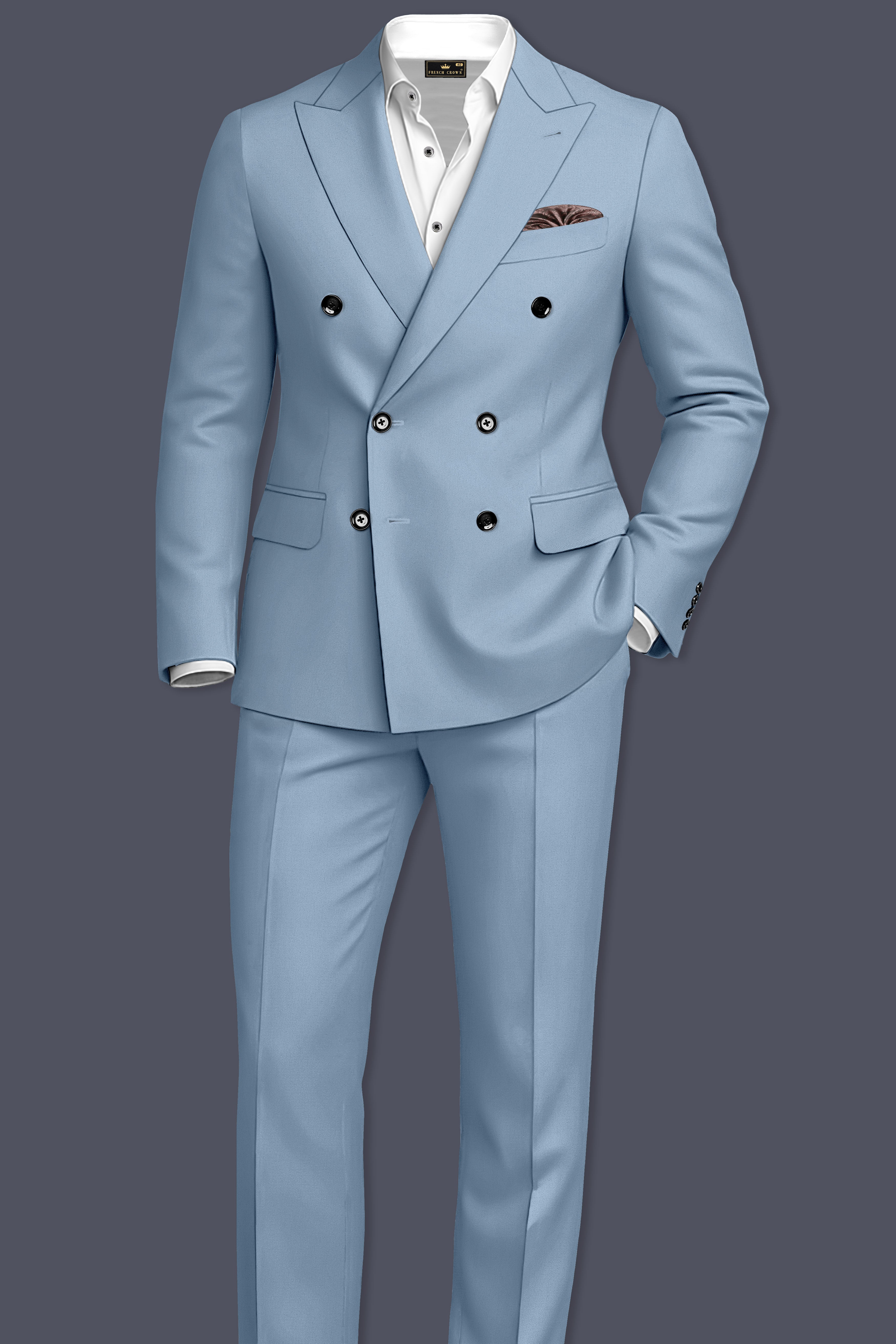 Velcian-Lynch Blue Slight Stretch Subtle Sheen Poly-Viscose Double Breasted Blazer