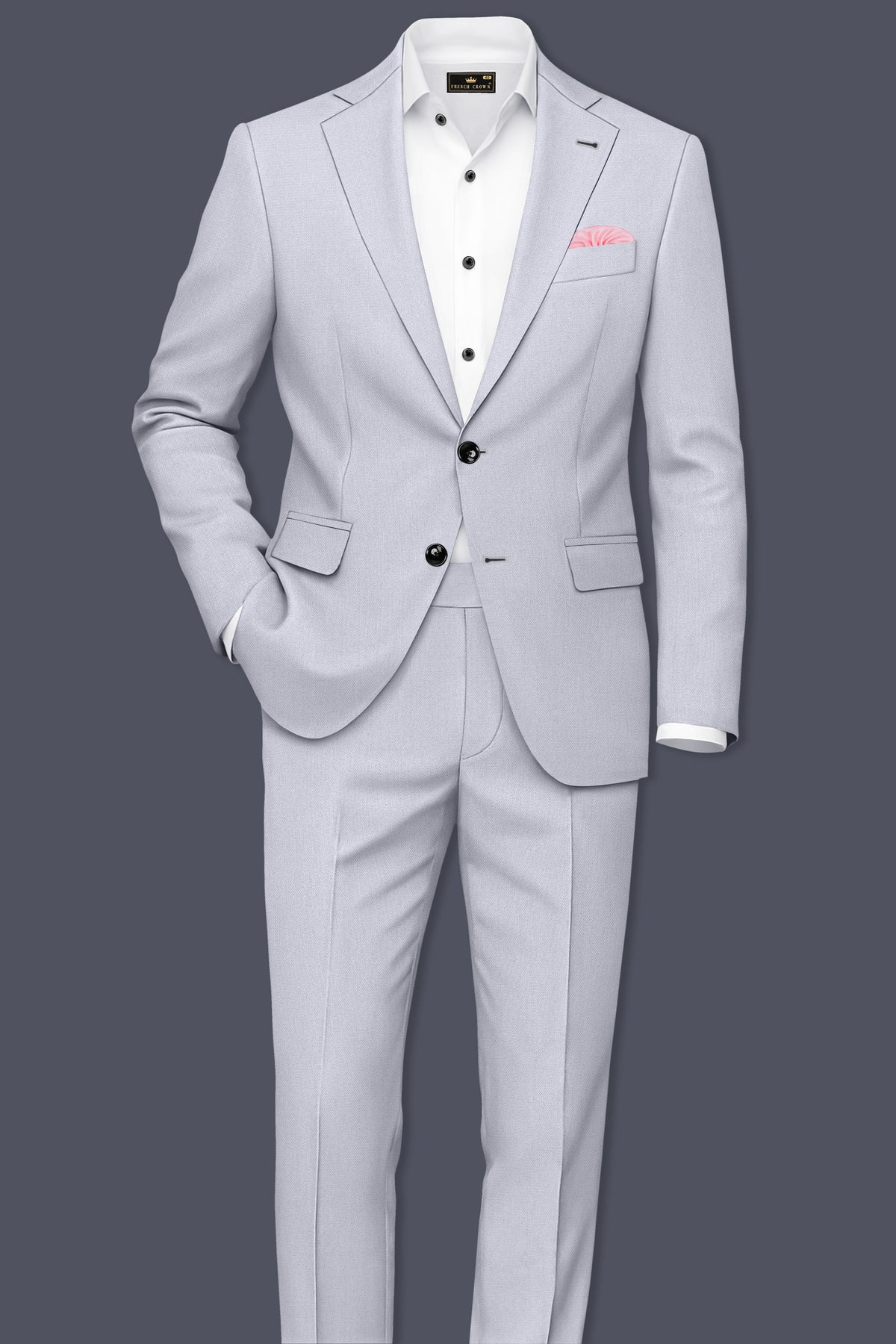 Mist-Spun Pearl Gray Diamond Textured Wool Rich Slight Stretch Single Breasted Blazer