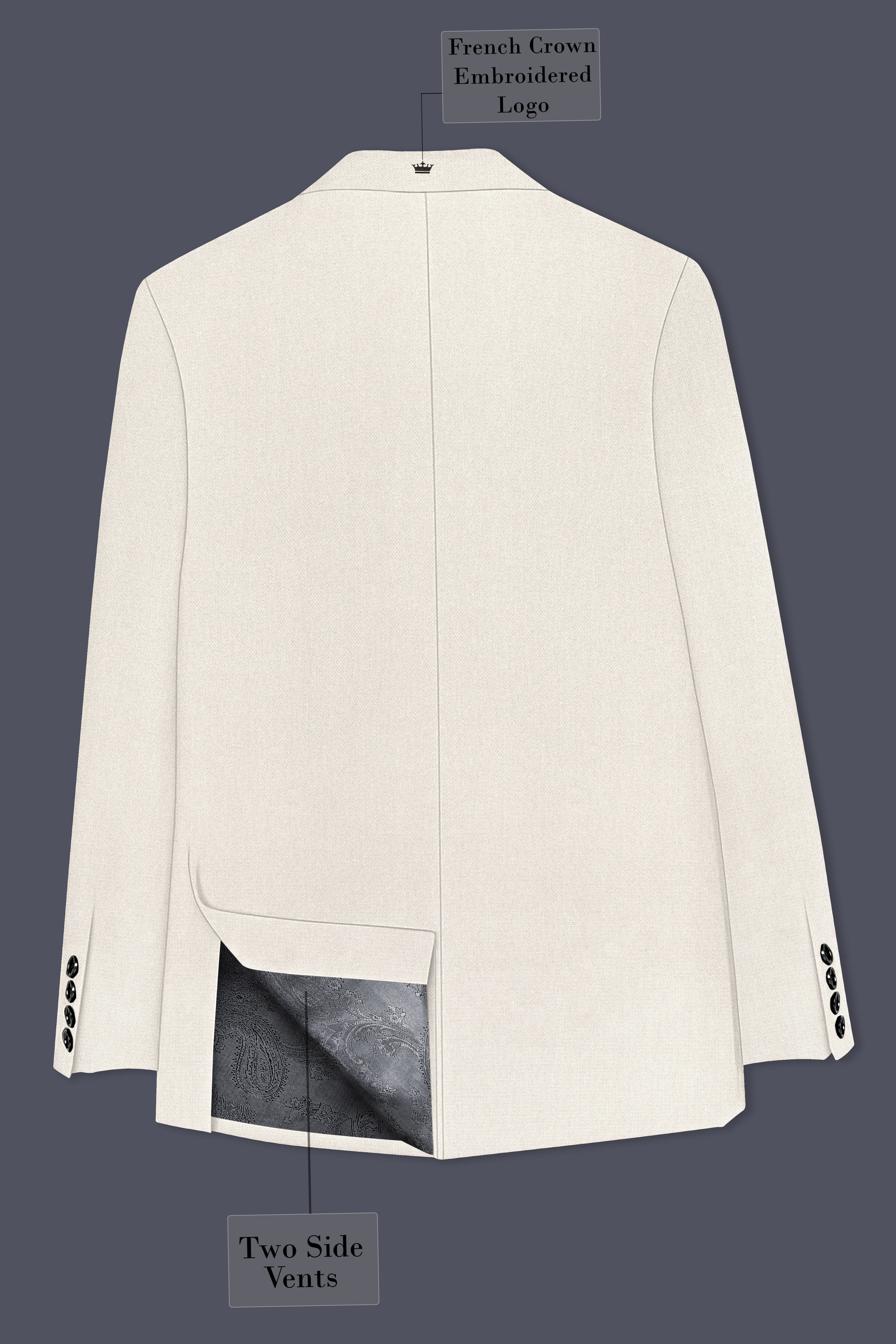 Ecru-Merino Off White Diamond Textured Wool Rich Slight Stretch Single Breasted Blazer