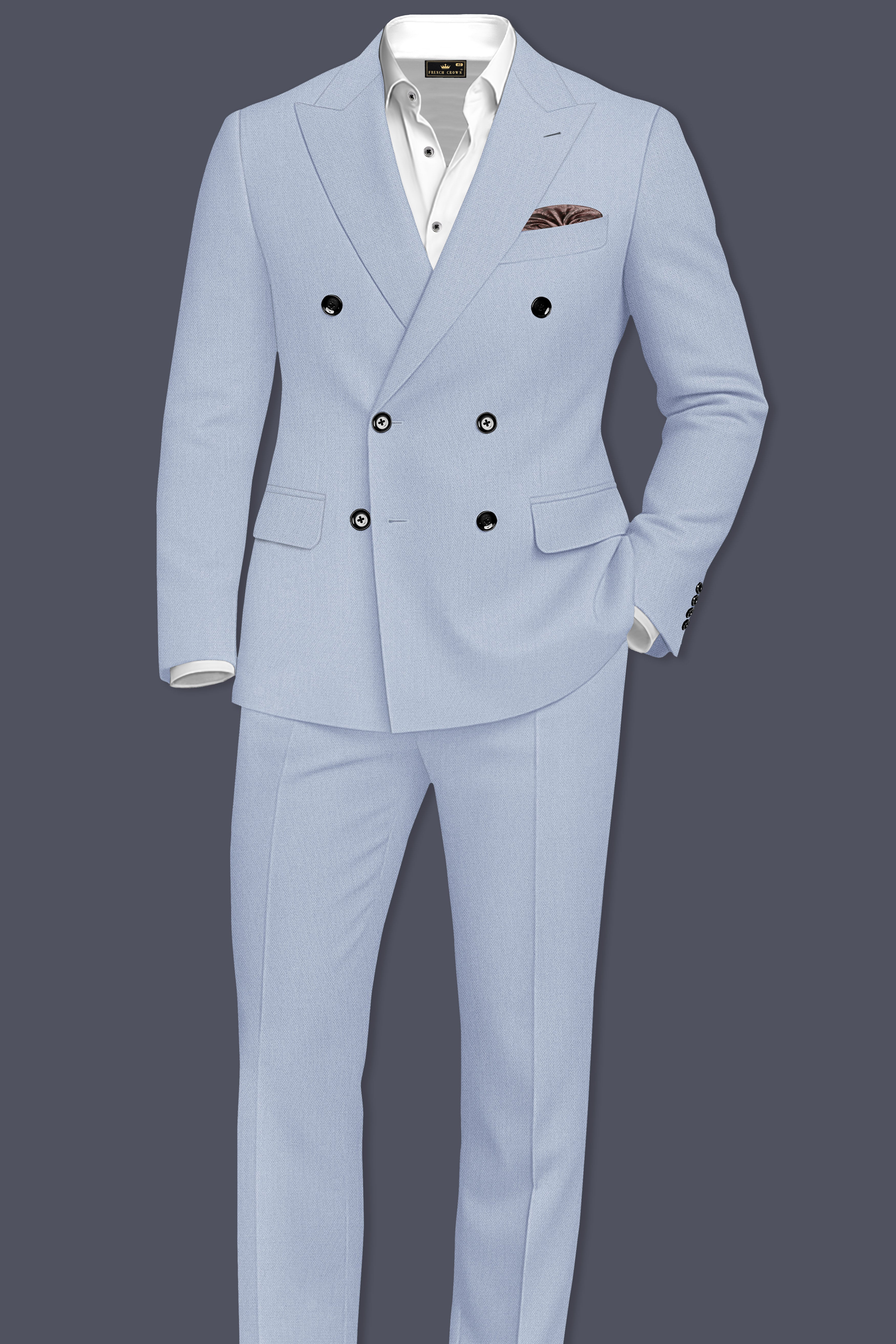 Azure-Heather Blue Diamond Textured Wool Rich Slight Stretch Double Breasted Blazer