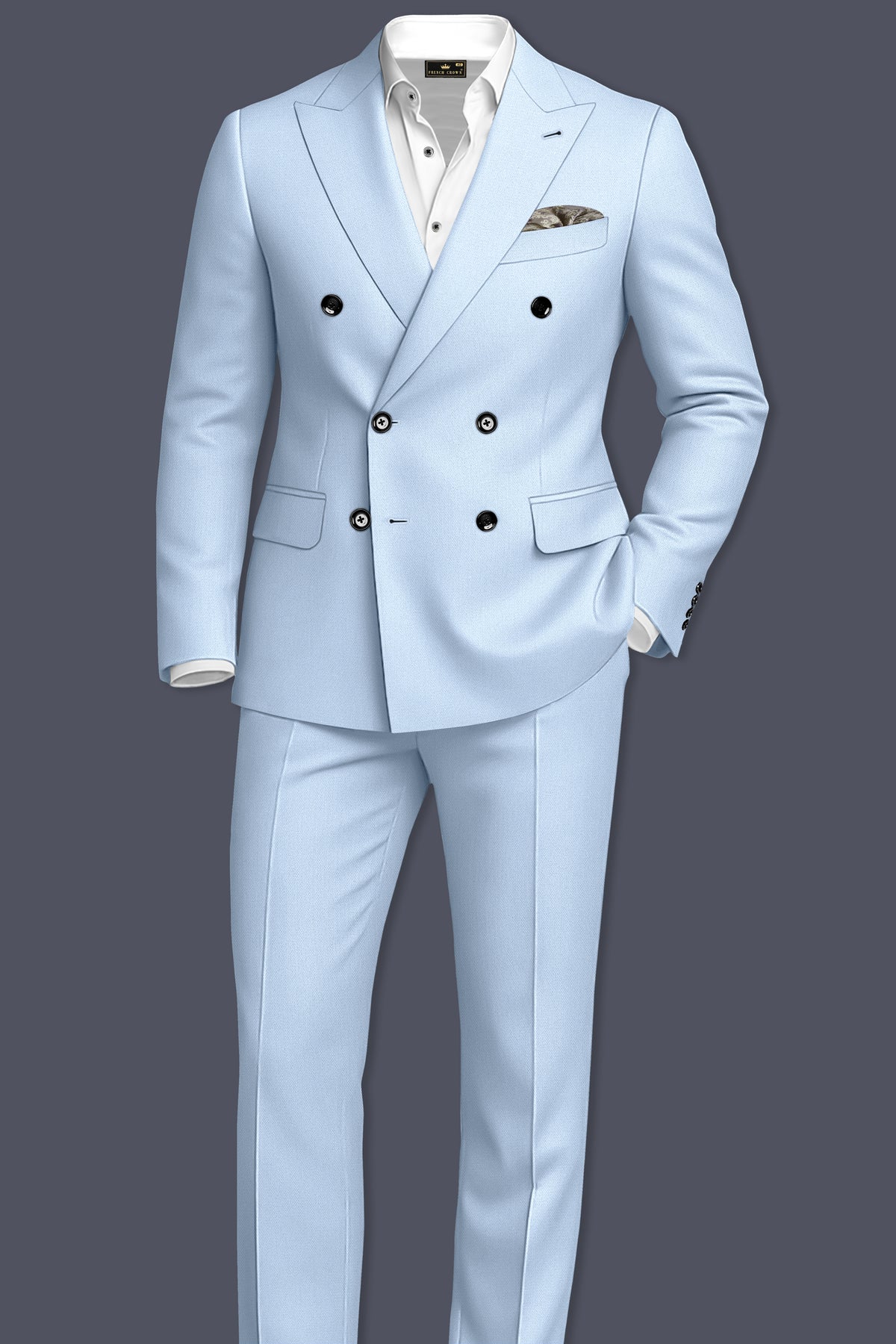Azure-Heather Blue Diamond Textured Wool Rich Slight Stretch Double Breasted Blazer