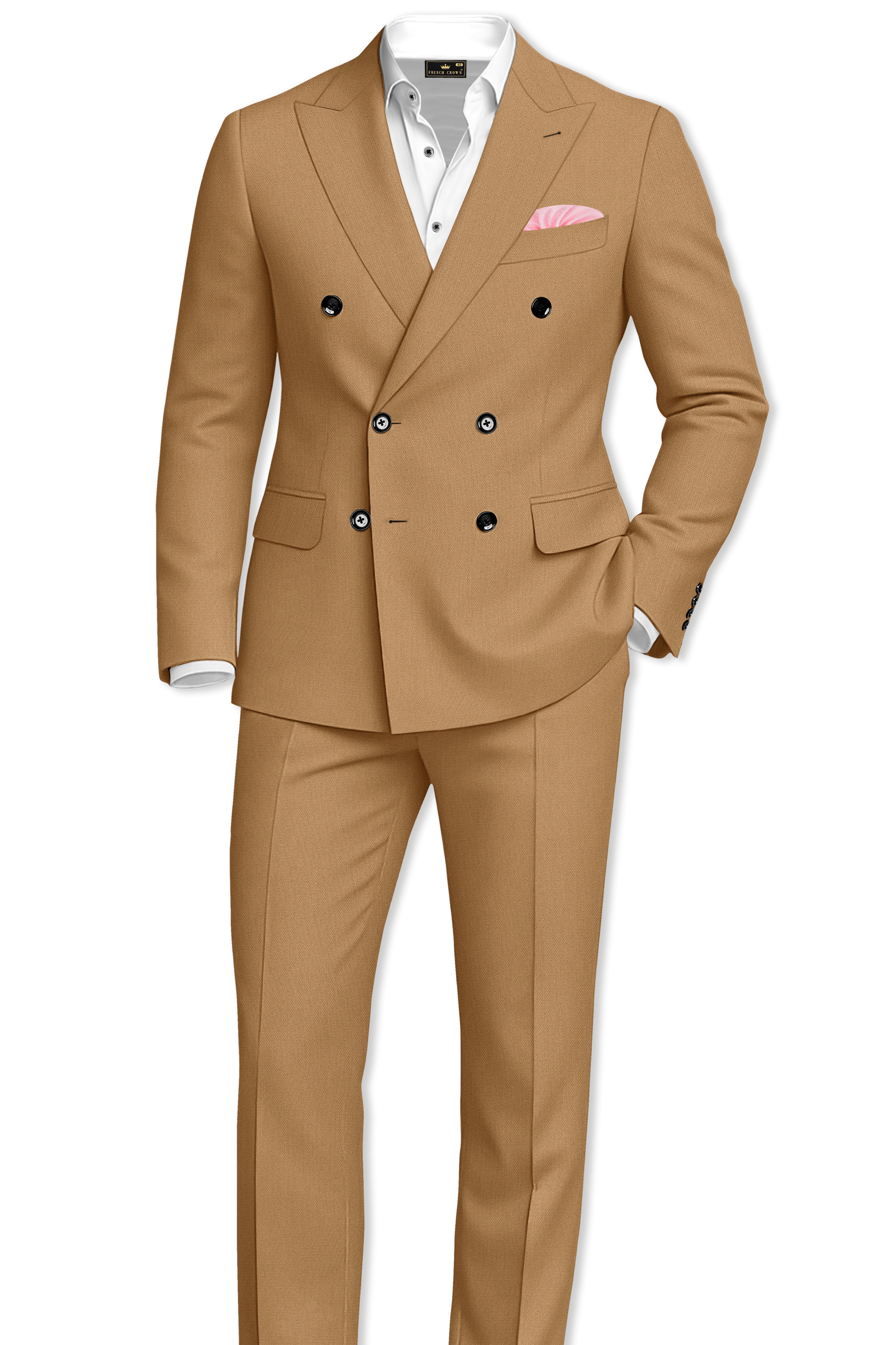 Sienna-Teak Brown Diamond Textured Wool Rich Slight Stretch Double Breasted Blazer