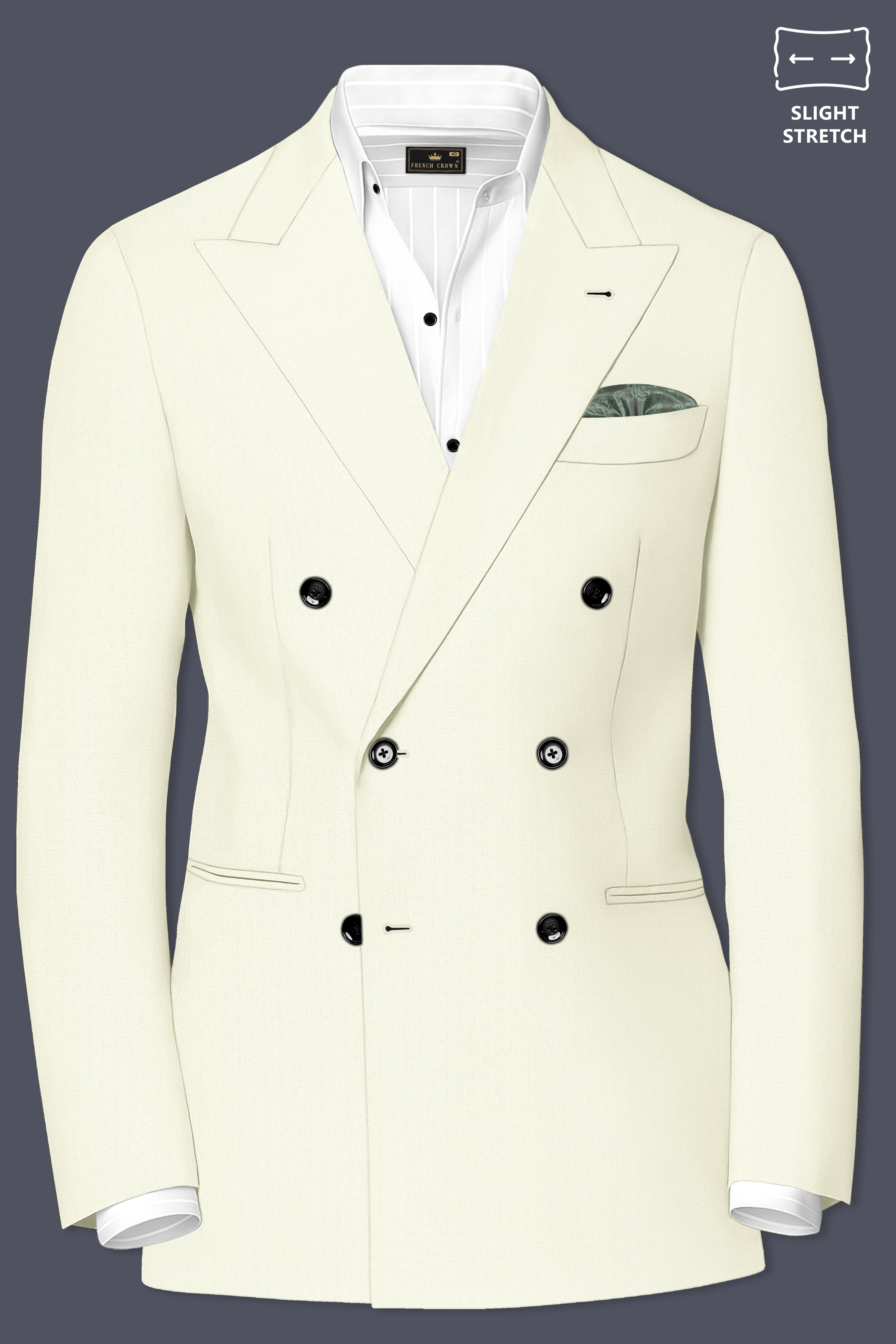 Ecru-Merino Off White Diamond Textured Wool Rich Slight Stretch Double Breasted Blazer