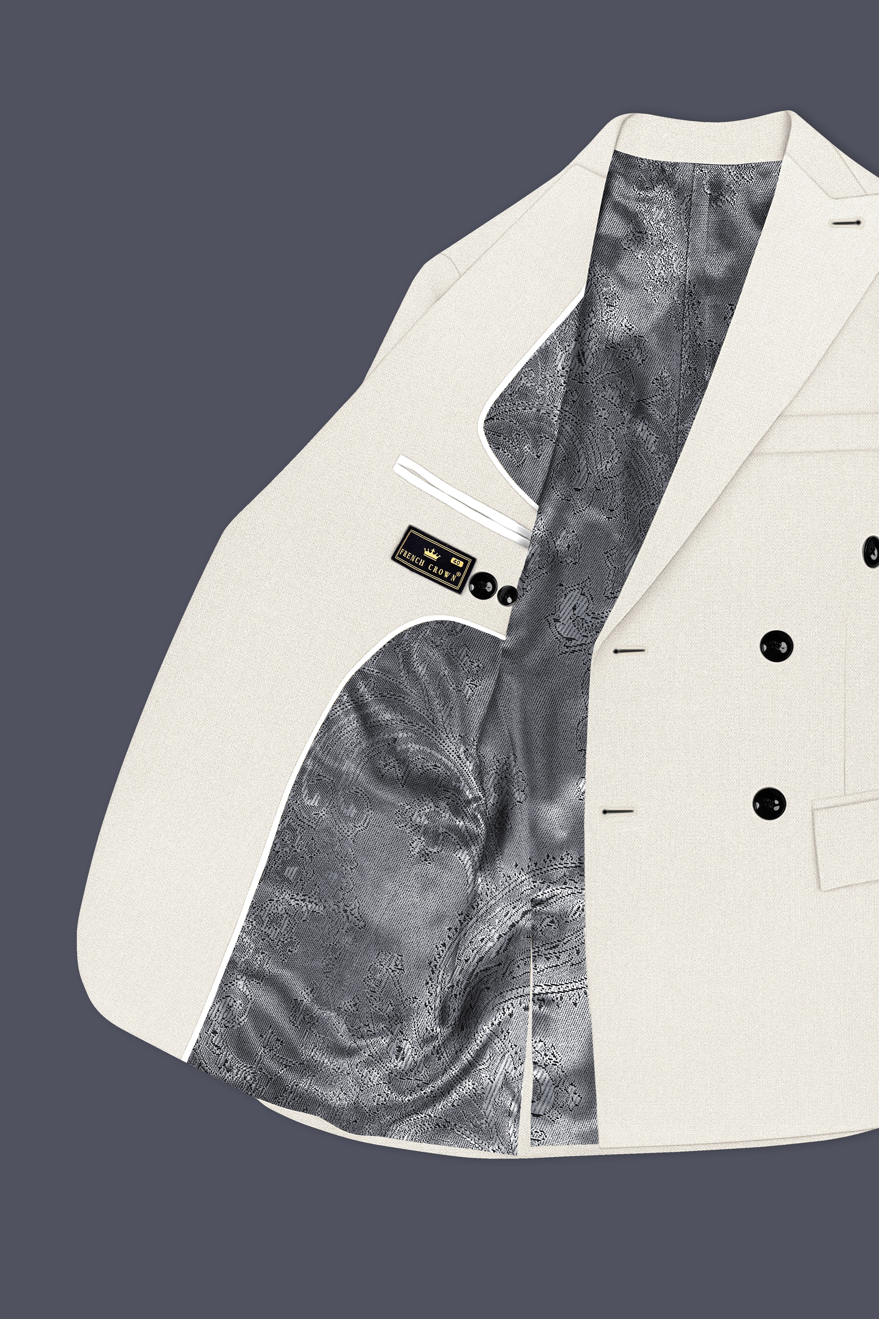 Ecru-Merino Off White Diamond Textured Wool Rich Slight Stretch Double Breasted Blazer