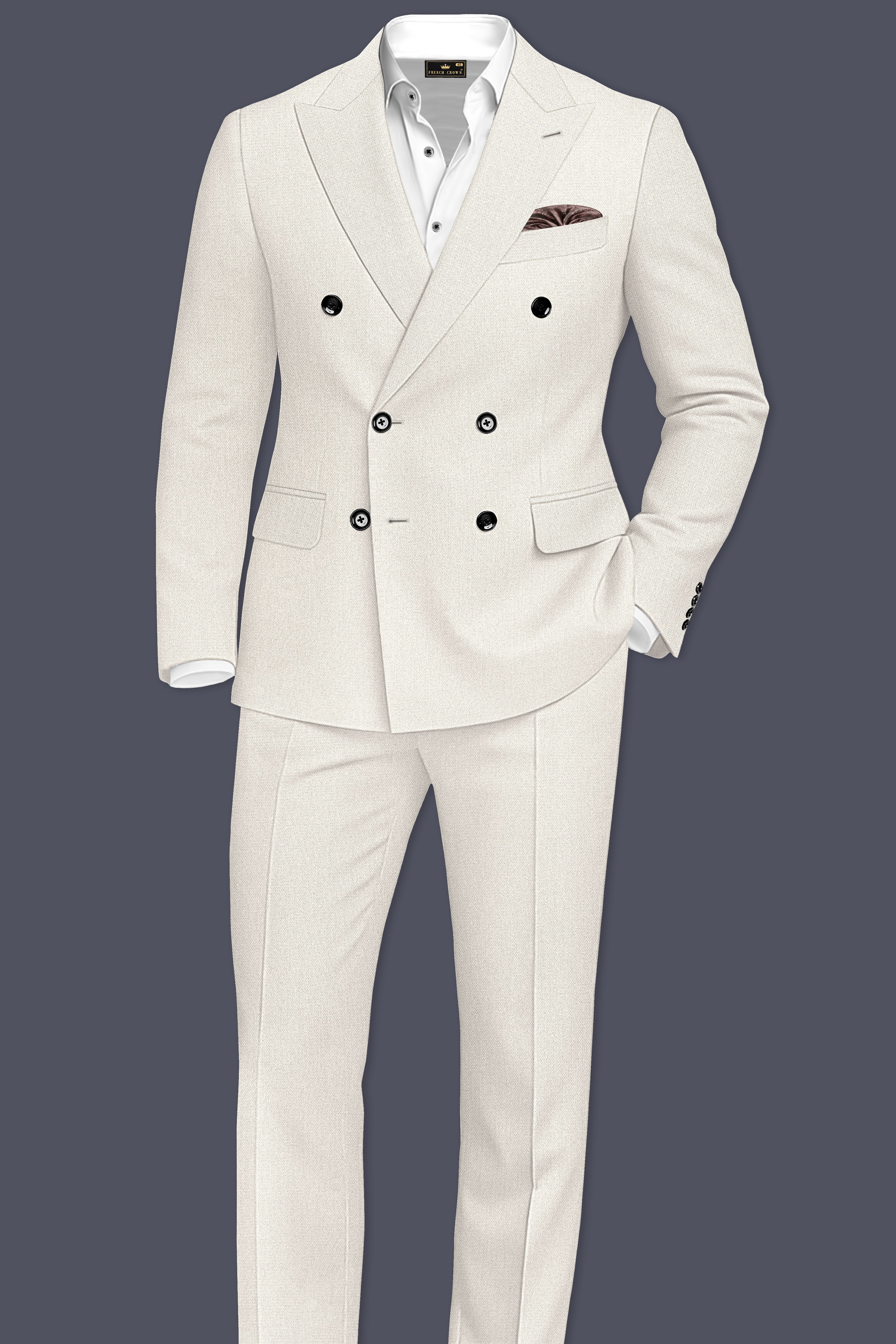 Ecru-Merino Off White Diamond Textured Wool Rich Slight Stretch Double Breasted Blazer