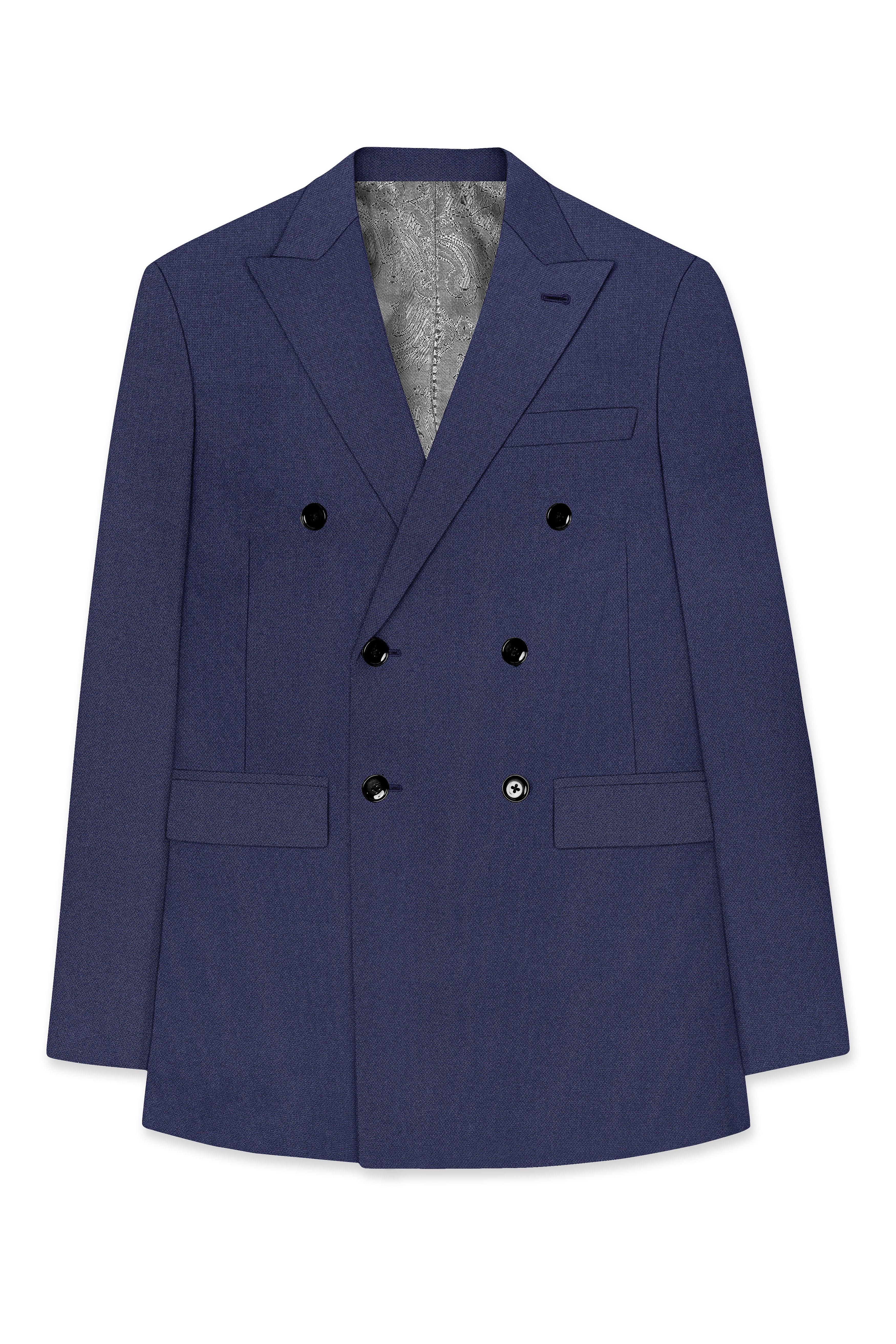 Noctis-Cinder Blue Diamond Textured Wool Rich Slight Stretch Double Breasted Blazer