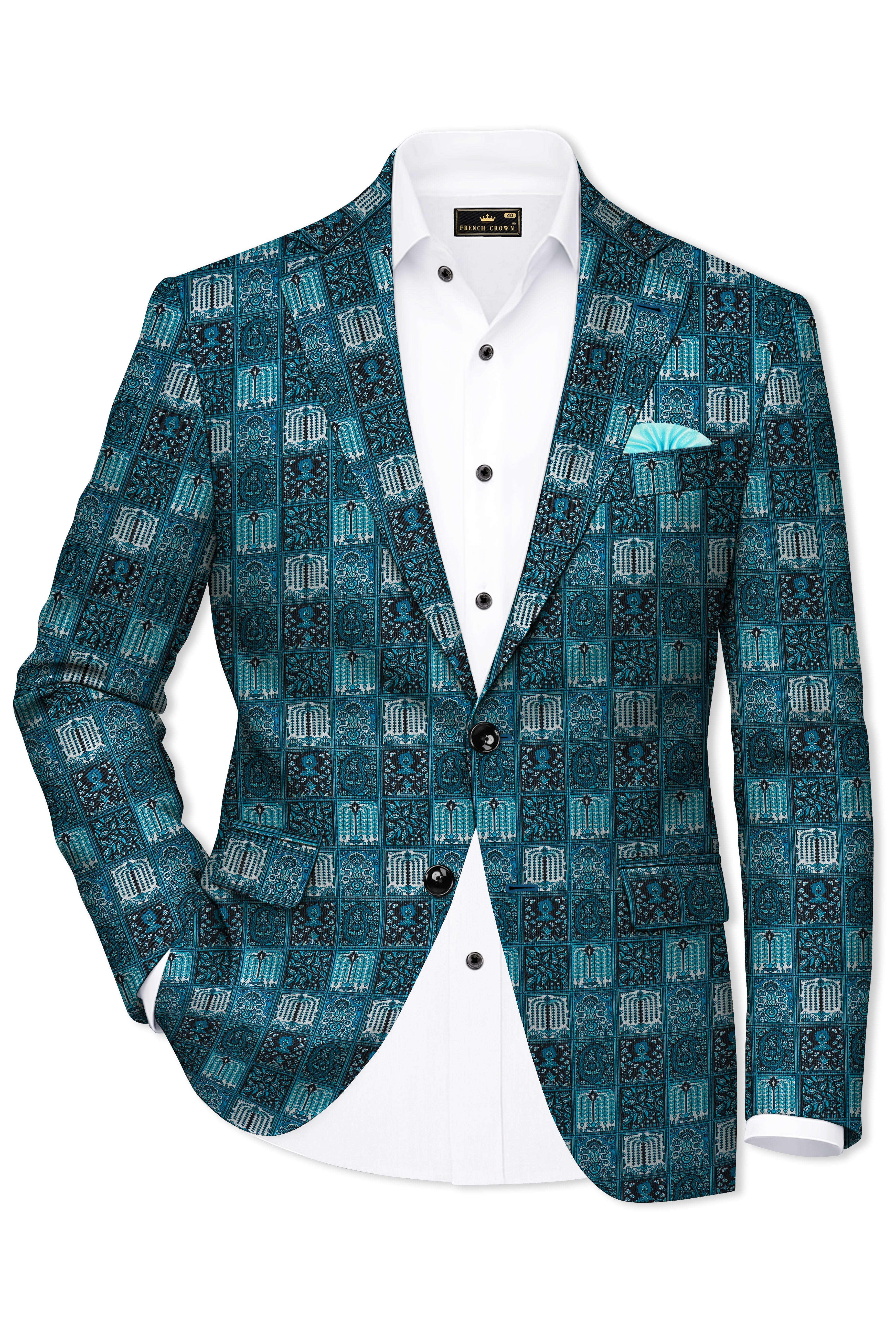 Zenith-Astronaut Blue Geometric Mosaic Printed Wool Rich Single Breasted Blazer