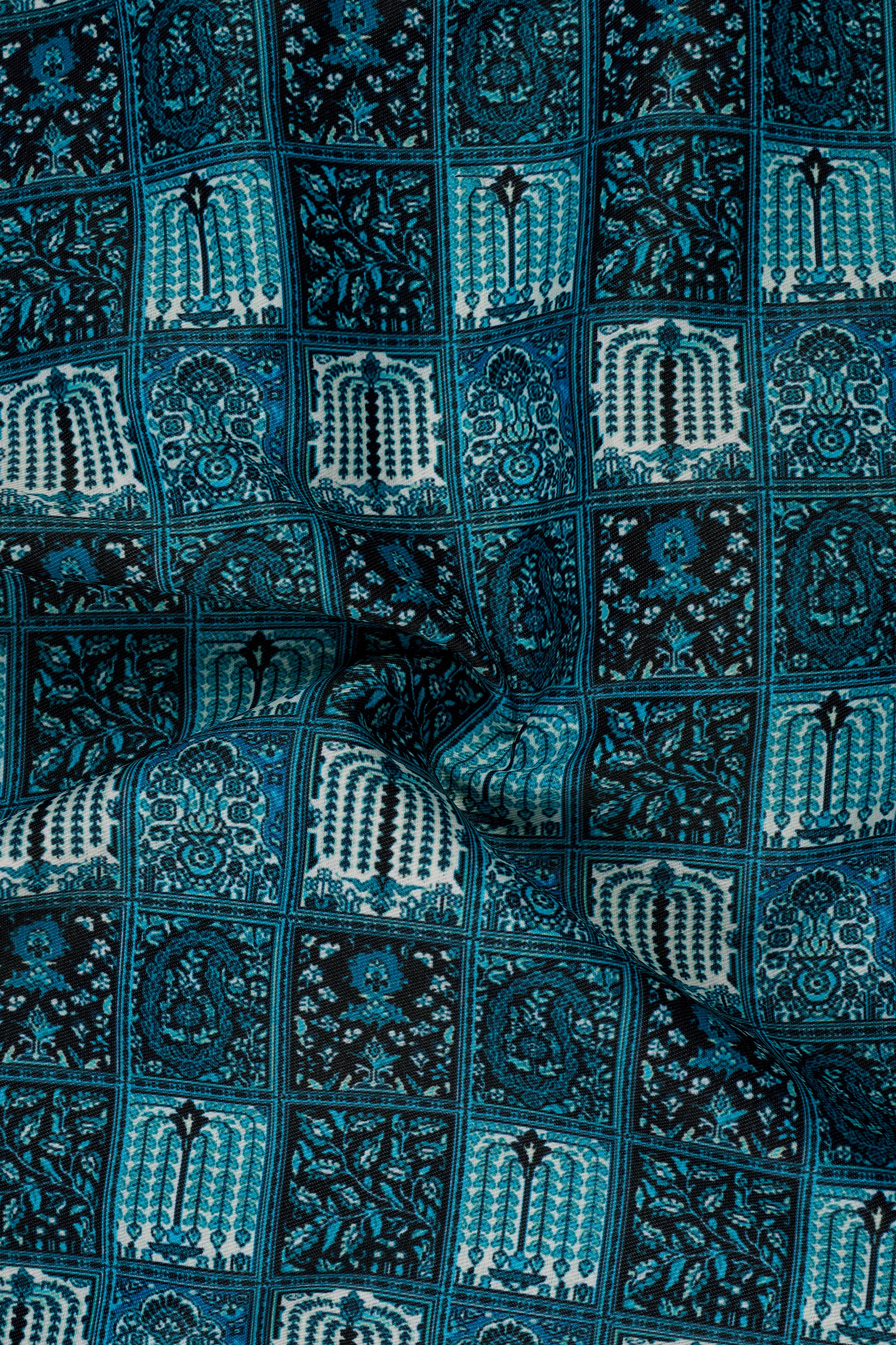 Zenith-Astronaut Blue Geometric Mosaic Printed Wool Rich Single Breasted Blazer