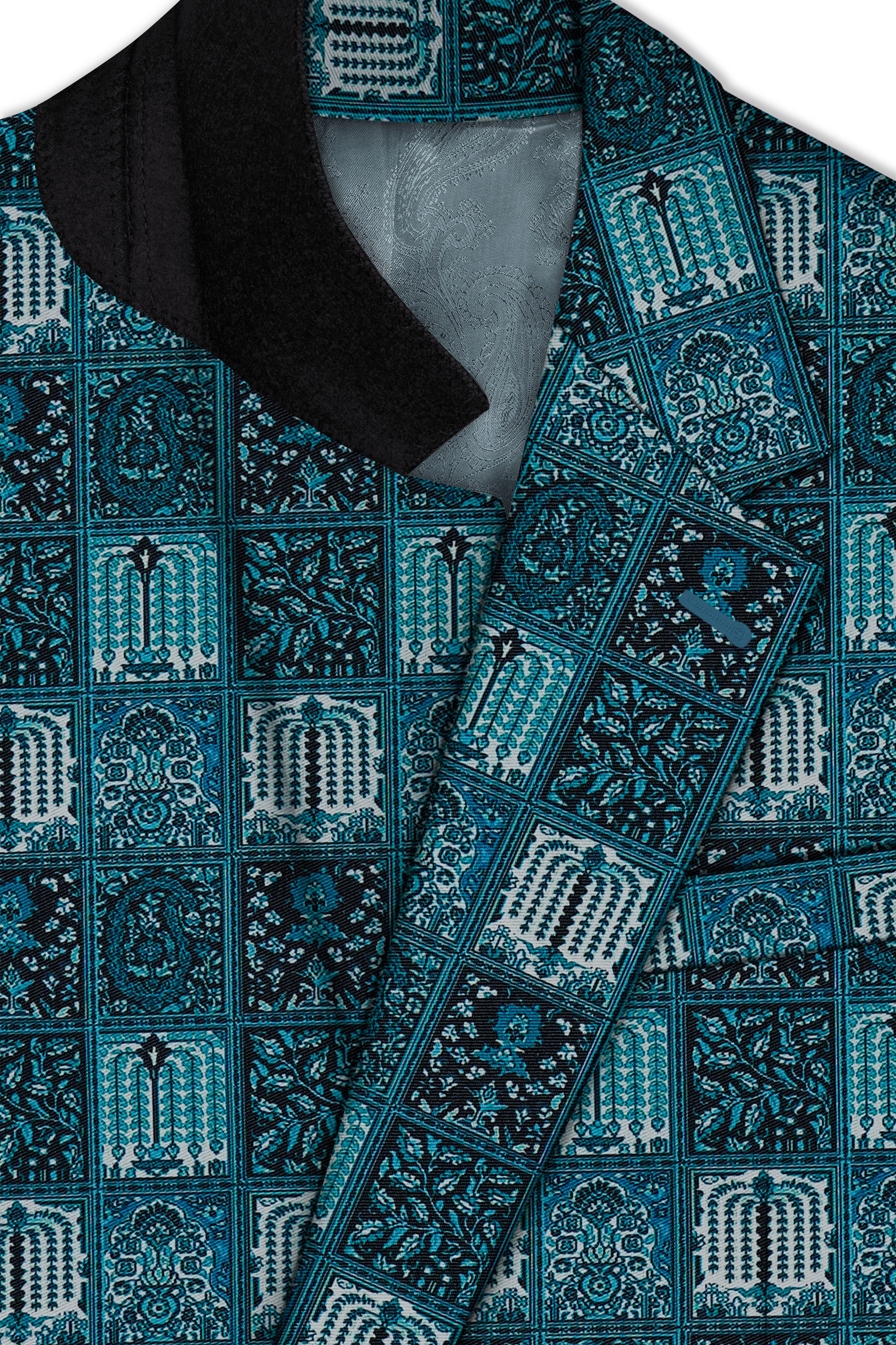 Zenith-Astronaut Blue Geometric Mosaic Printed Wool Rich Single Breasted Blazer