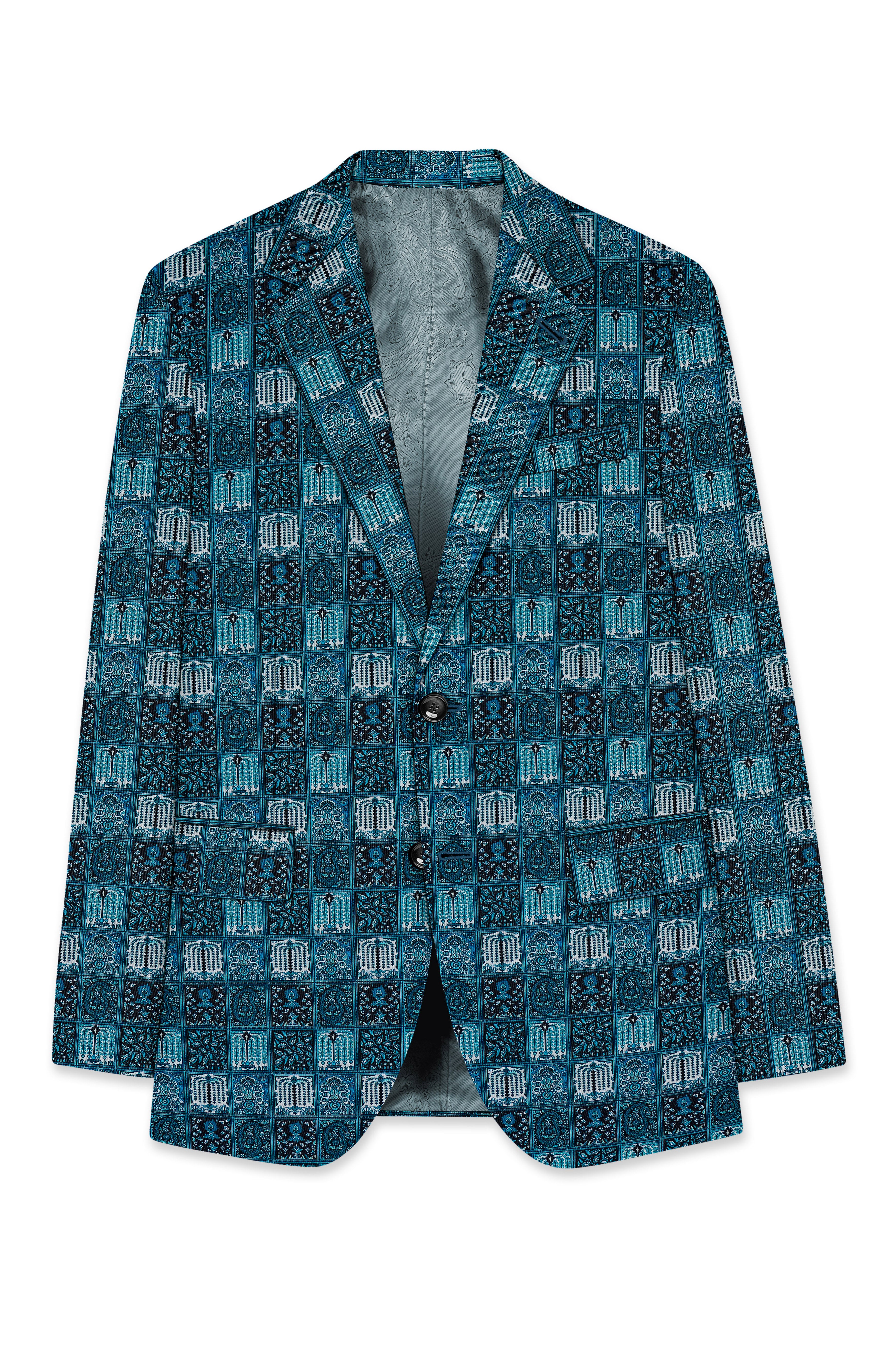 Zenith-Astronaut Blue Geometric Mosaic Printed Wool Rich Single Breasted Blazer