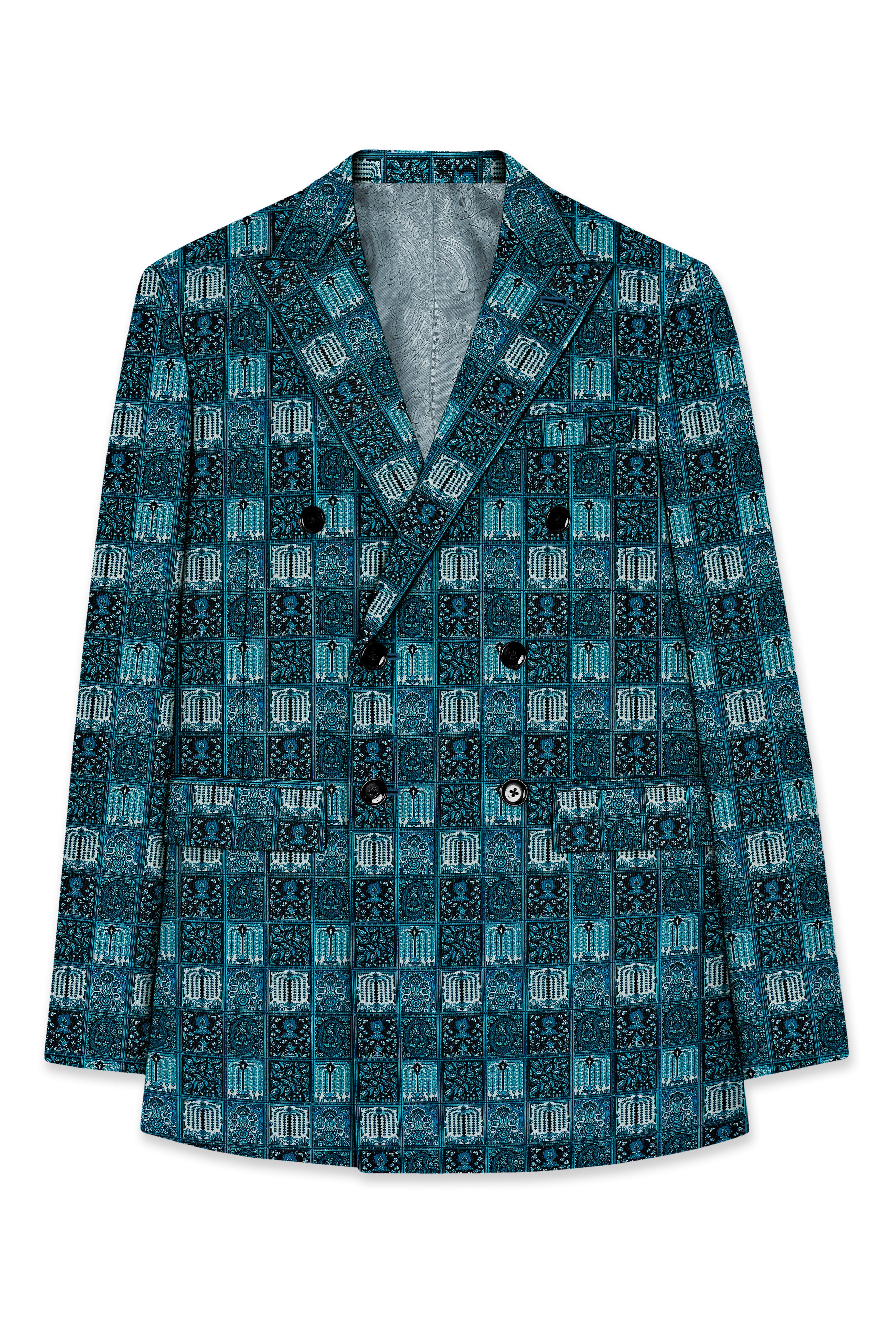 Zenith-Astronaut Blue Geometric Mosaic Printed Wool Rich Double Breasted Blazer