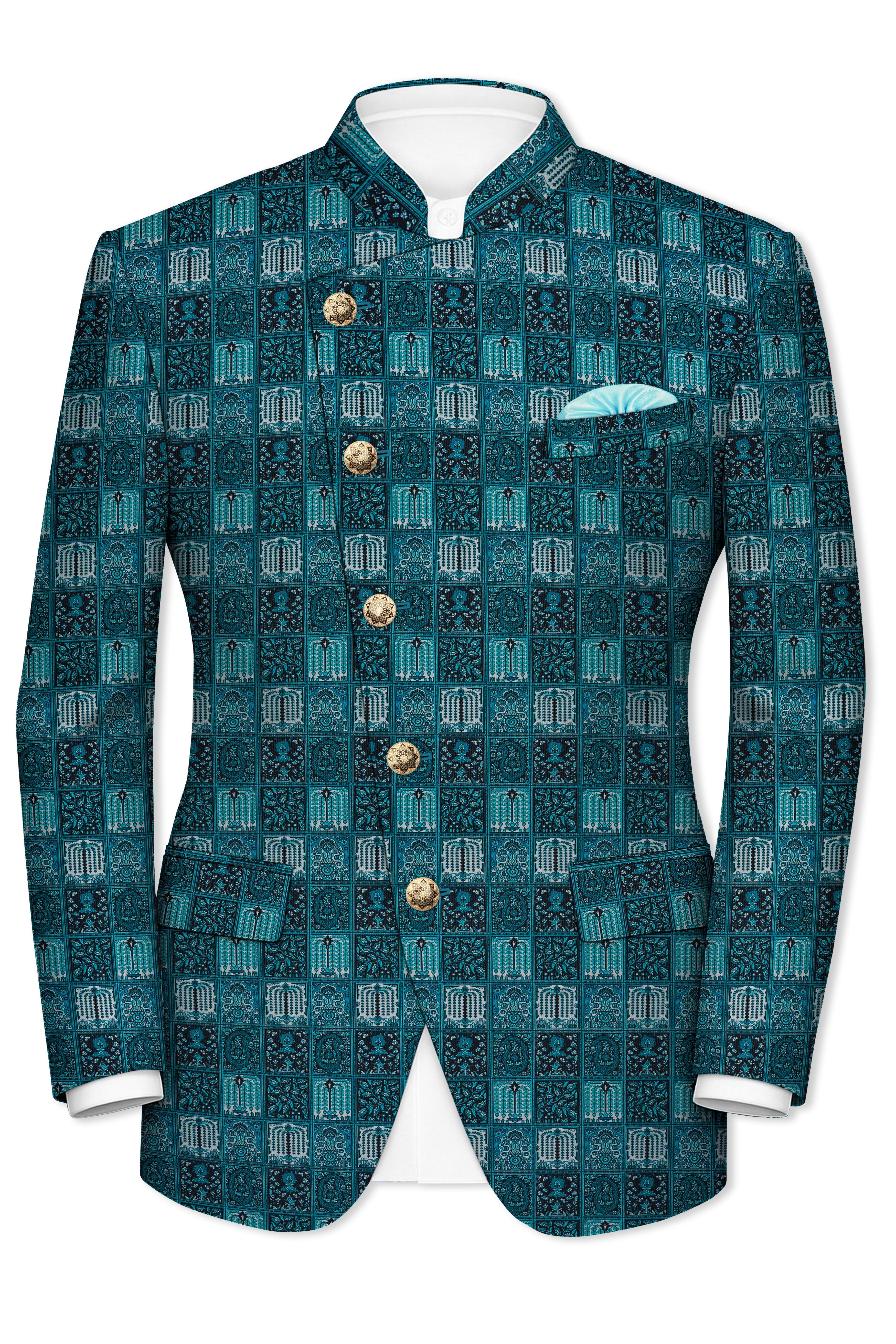 Zenith-Astronaut Blue Geometric Mosaic Printed Wool Rich Slight Stretch Cross Placket Bandhgala Blazer