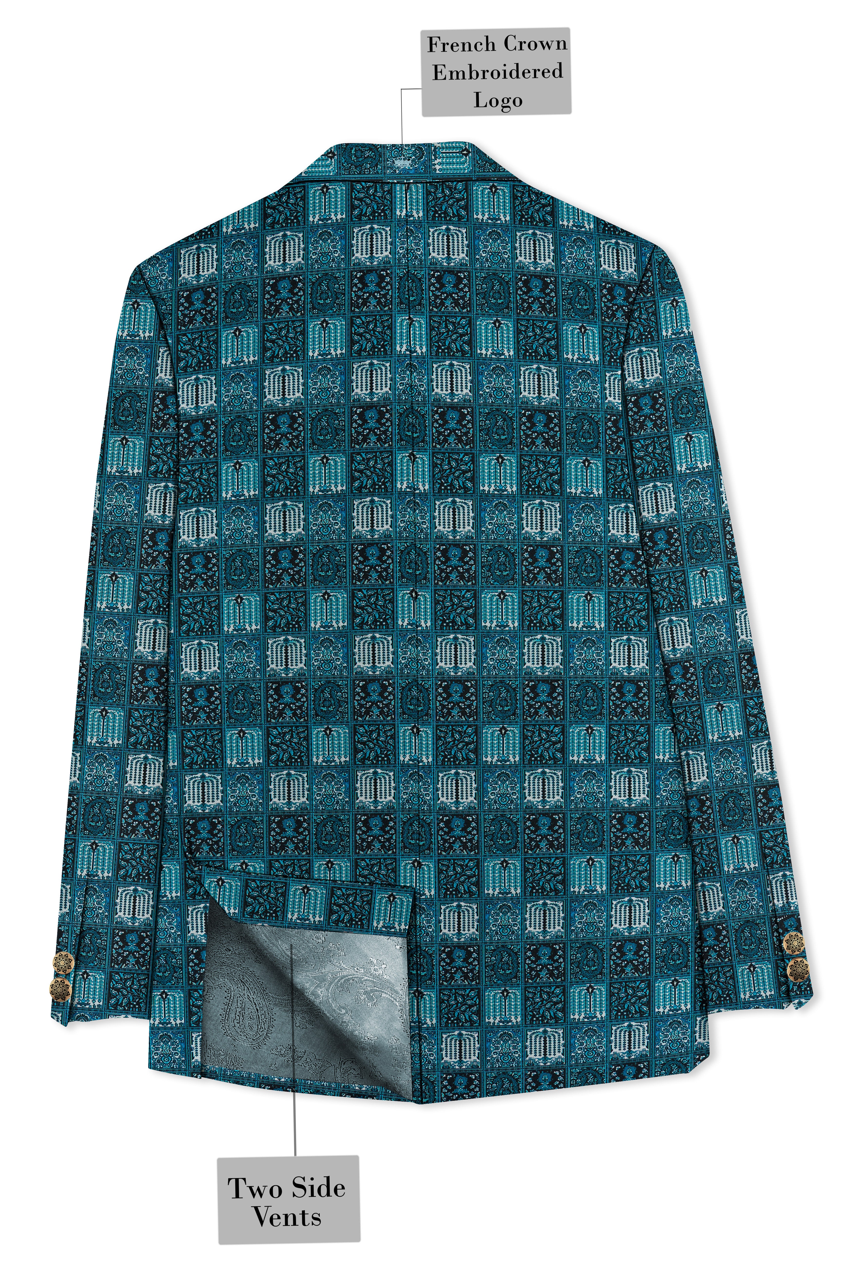 Zenith-Astronaut Blue Geometric Mosaic Printed Wool Rich Slight Stretch Cross Placket Bandhgala Blazer